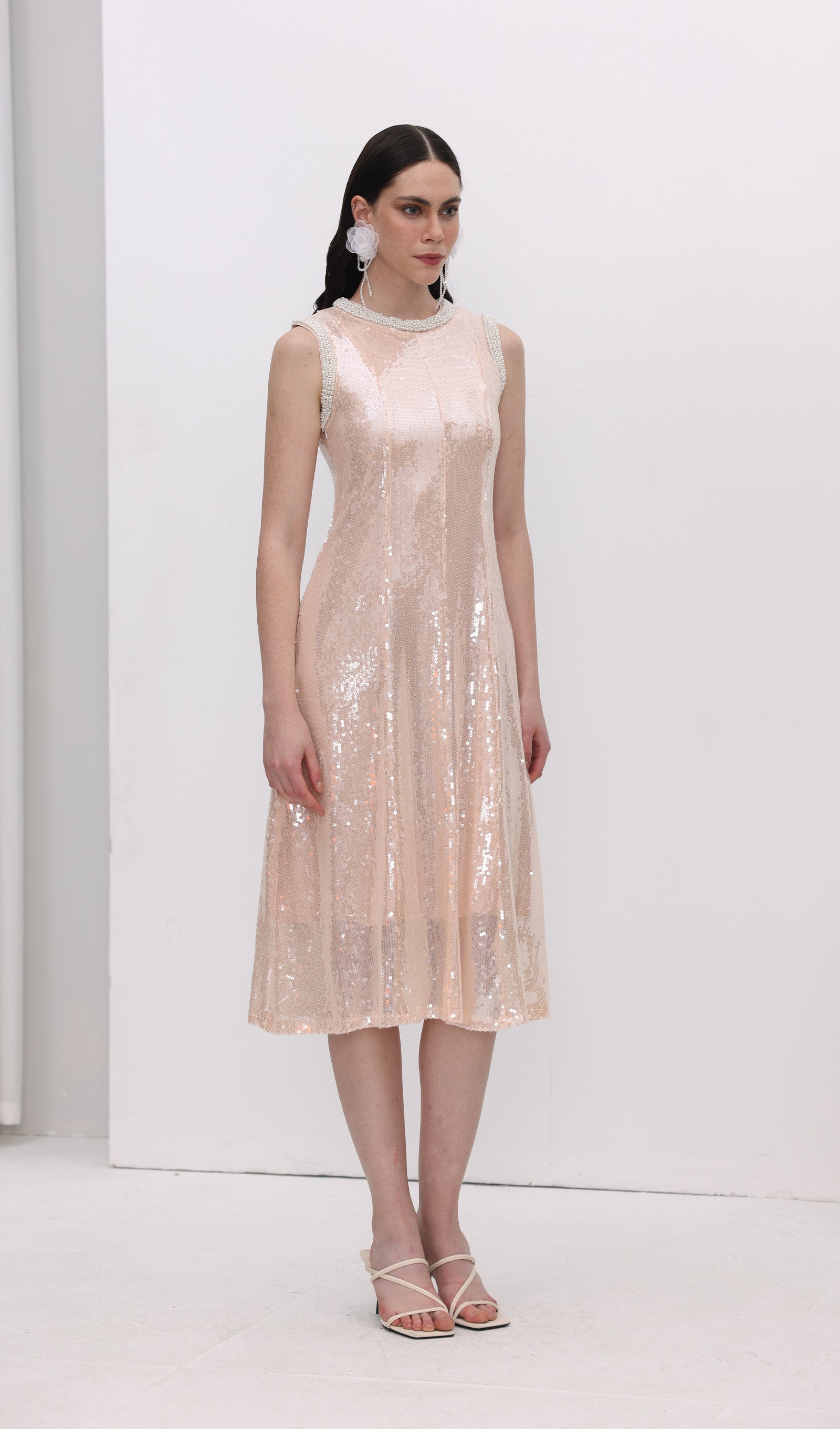 Sequin Embellished Pearl Trim Midi Dress