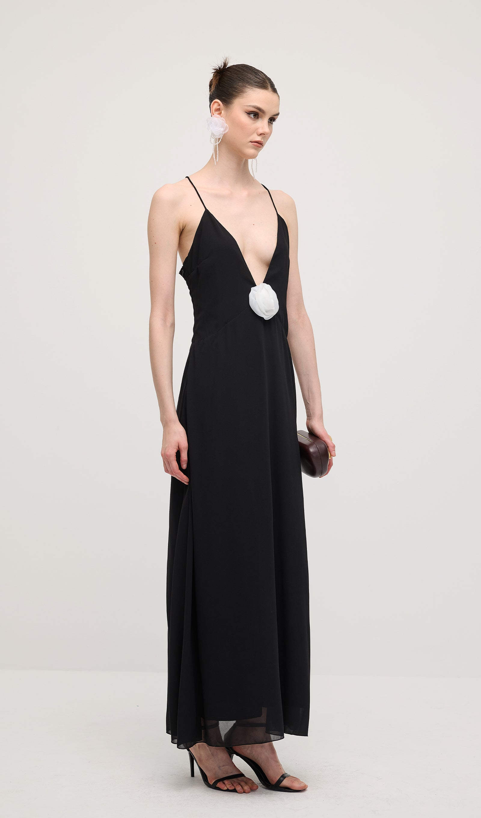 V Neck Halter Maxi Dress In Black