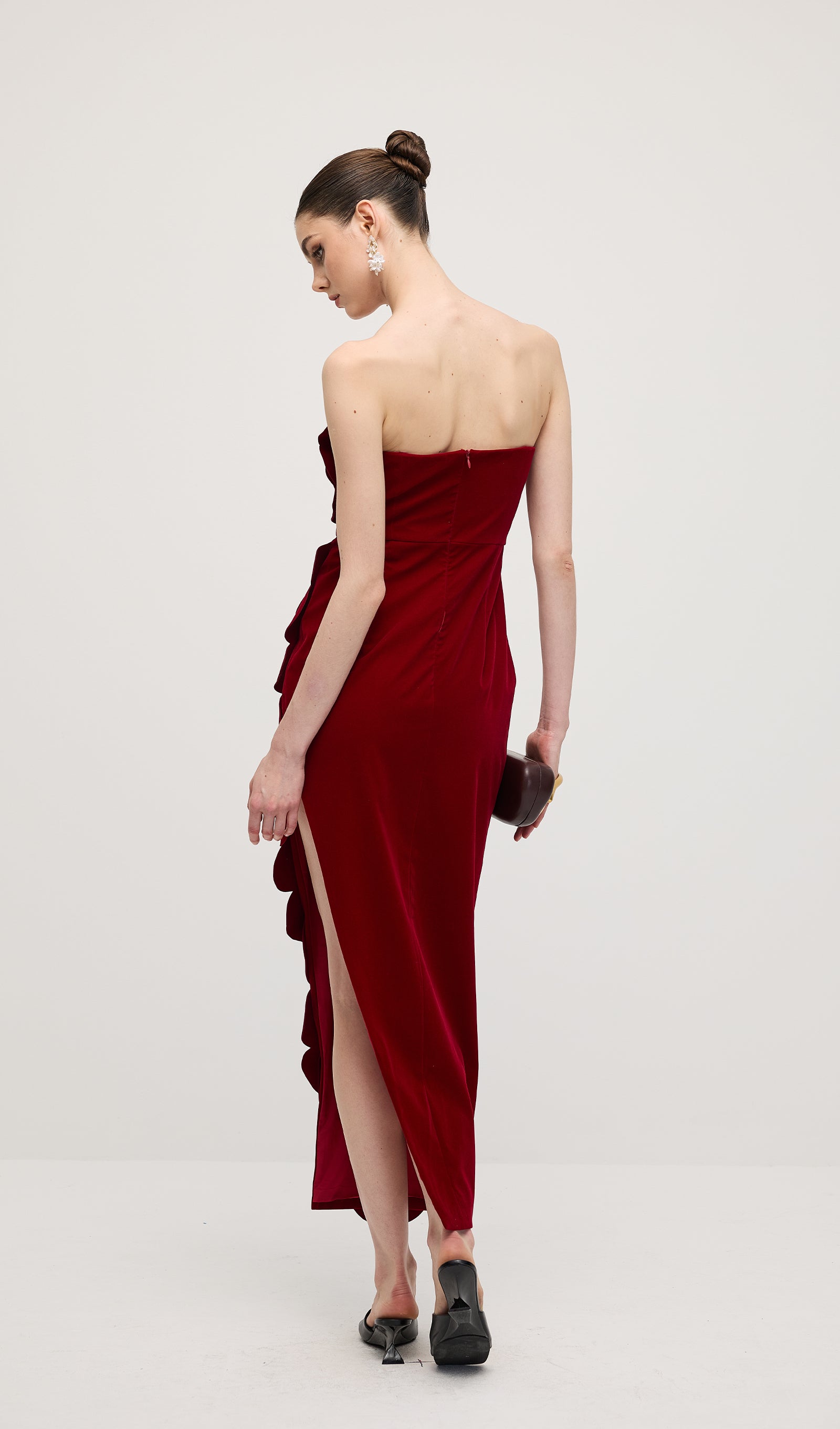 Petal Strapless Velvet Maxi Dress In Red