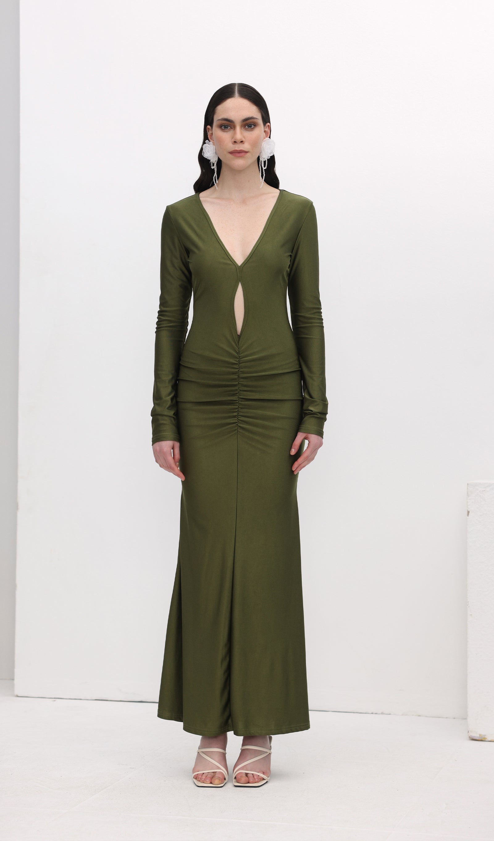 V Neck Ruched Maxi Dress