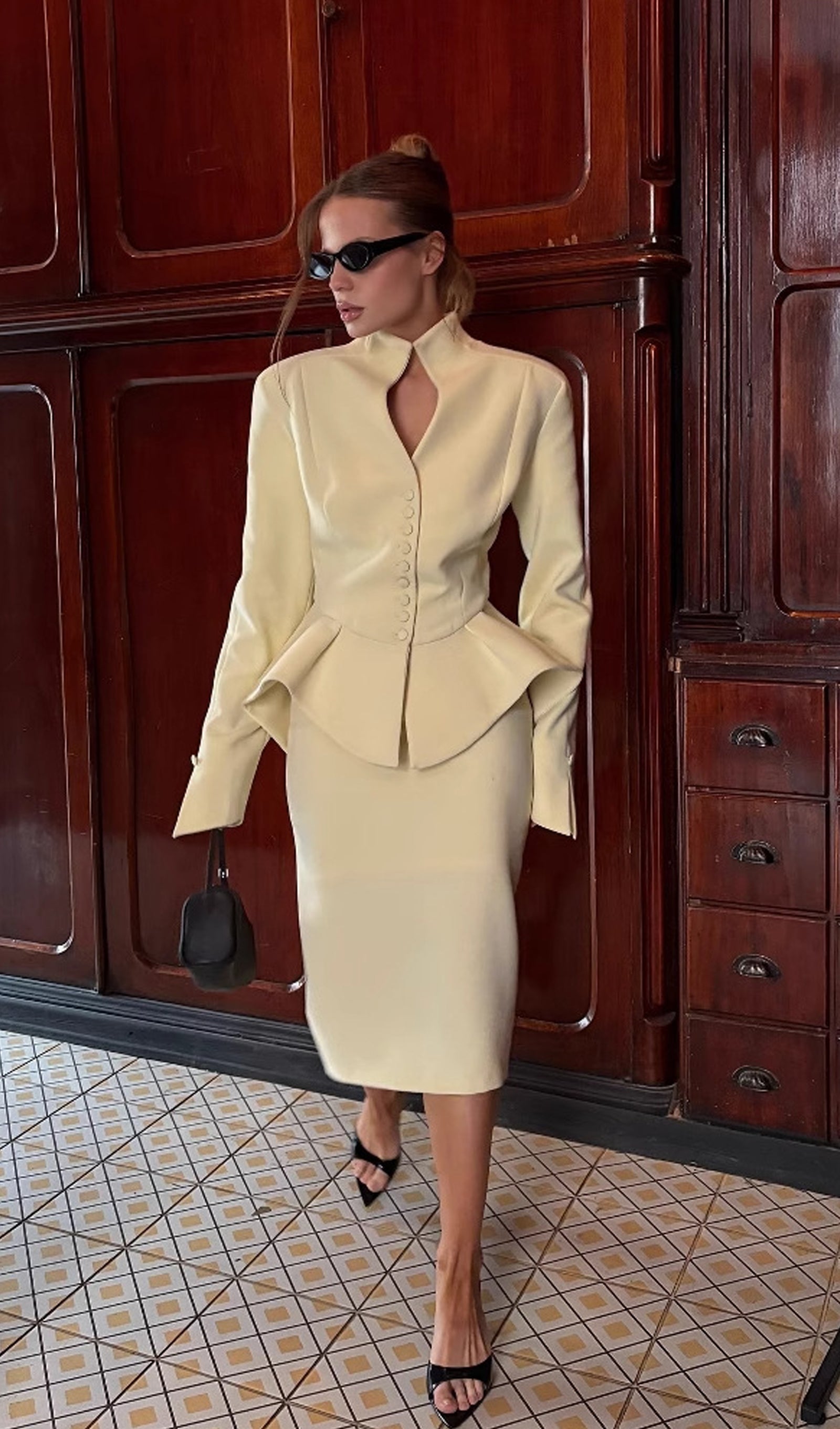 Solid Peplum Jacket & Slit Midi Skirt Set