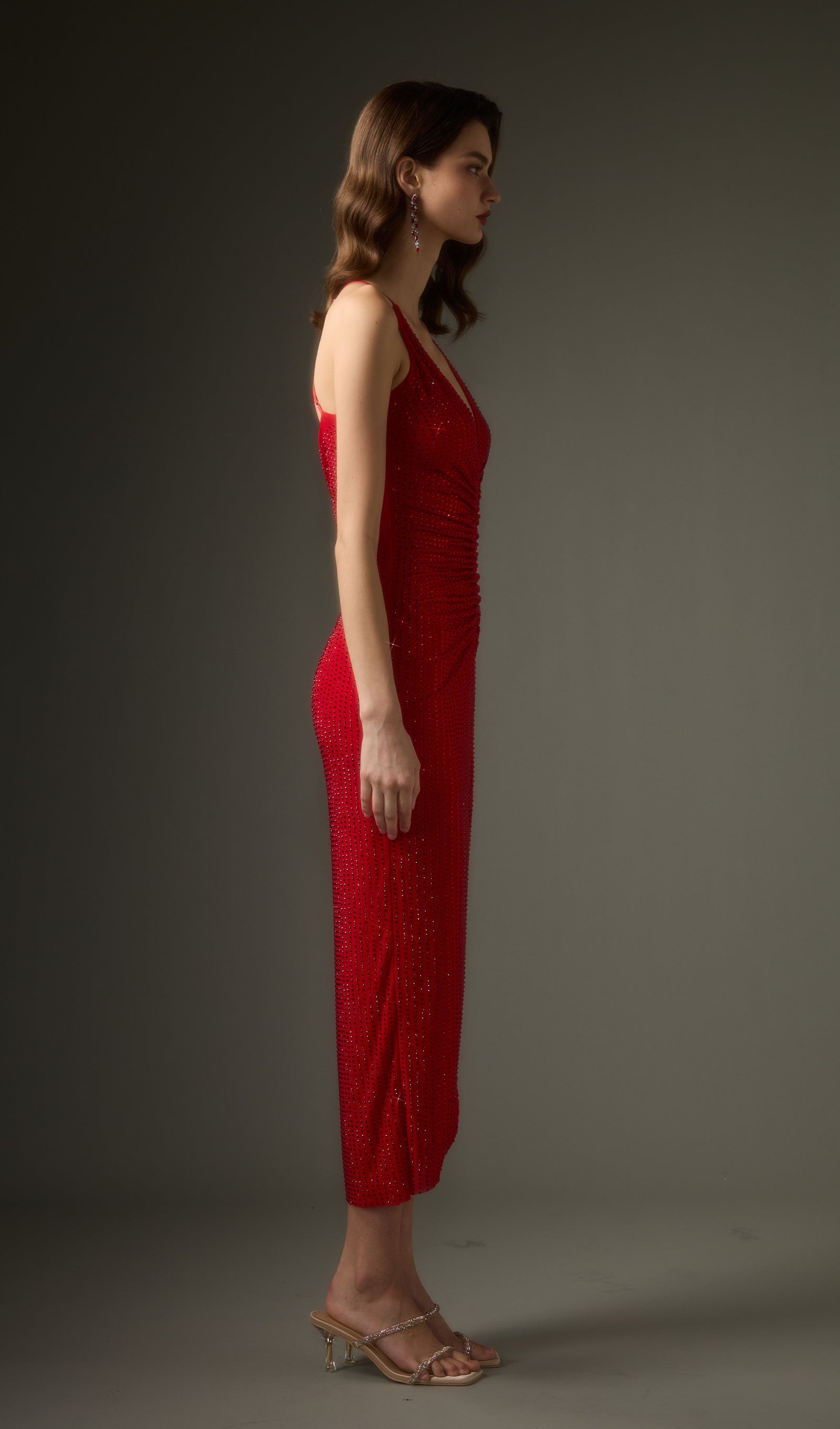 Diamante Ruched Midi Dress In Red