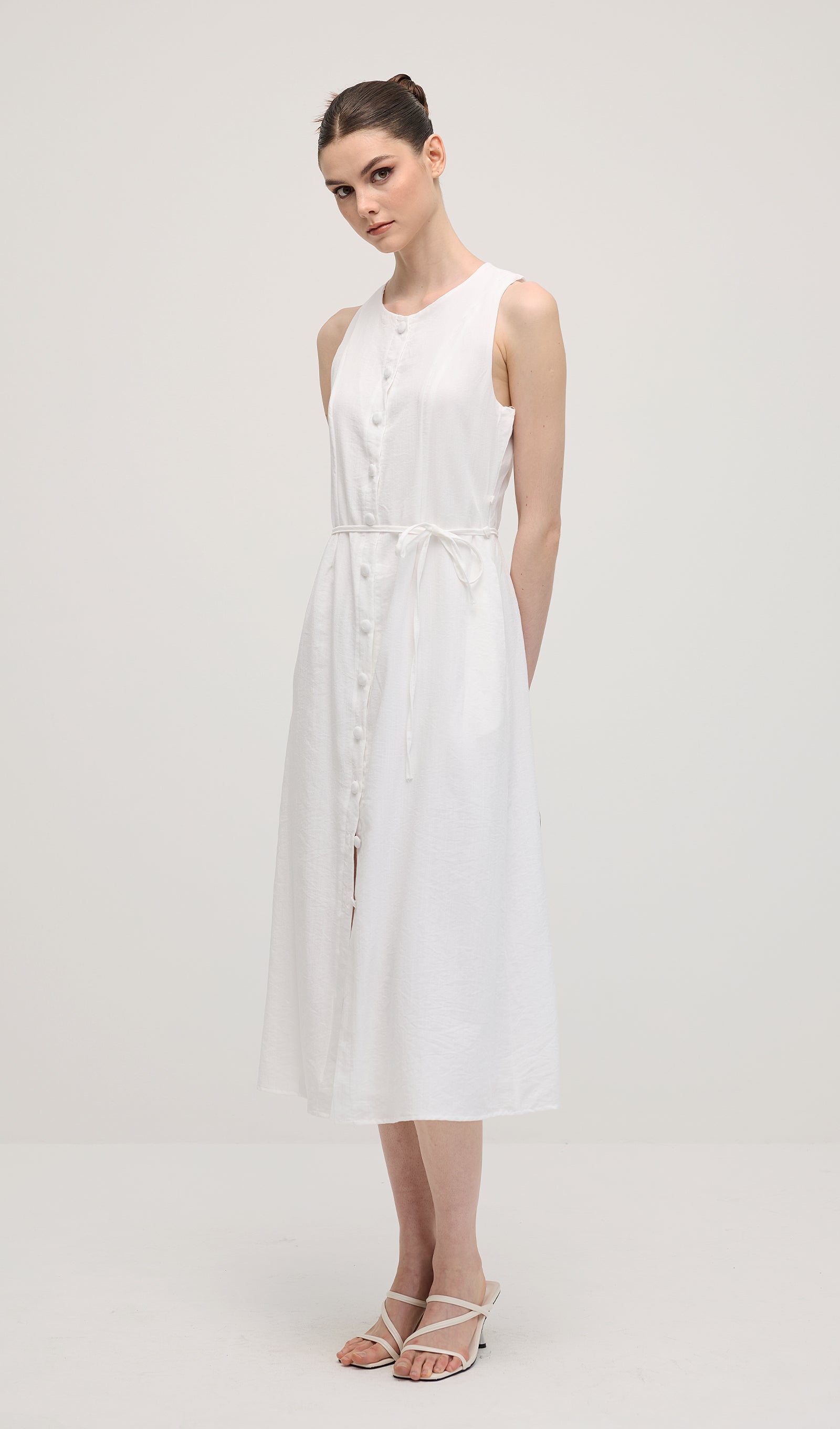 Solid Button Waistcoat Midi Dress In White