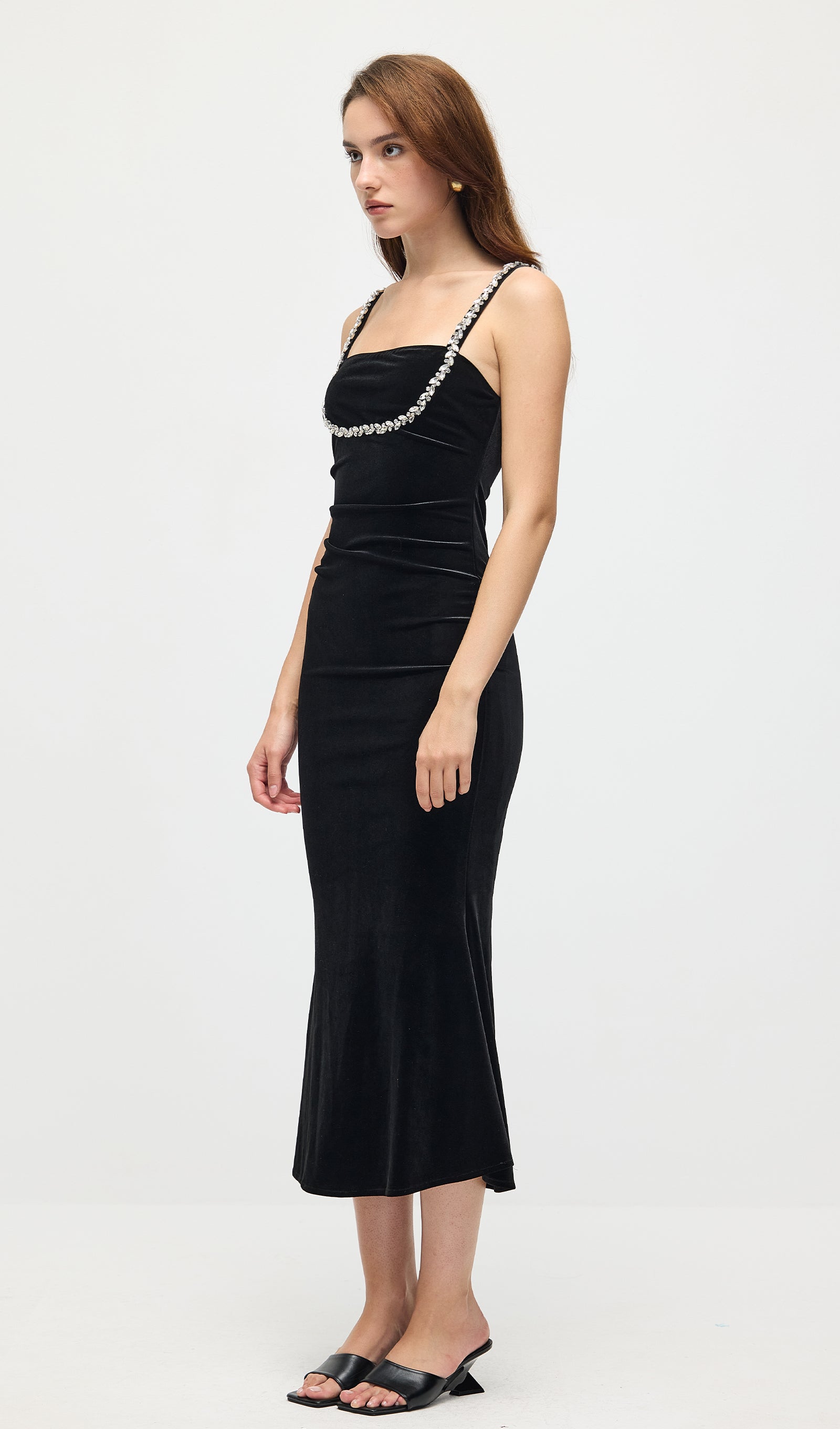 Embellished Sleeveless Velvet Midi Dress In Black
