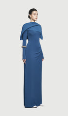 Asymmetrical Draped Shoulder Pleat Maxi Dress In Blue