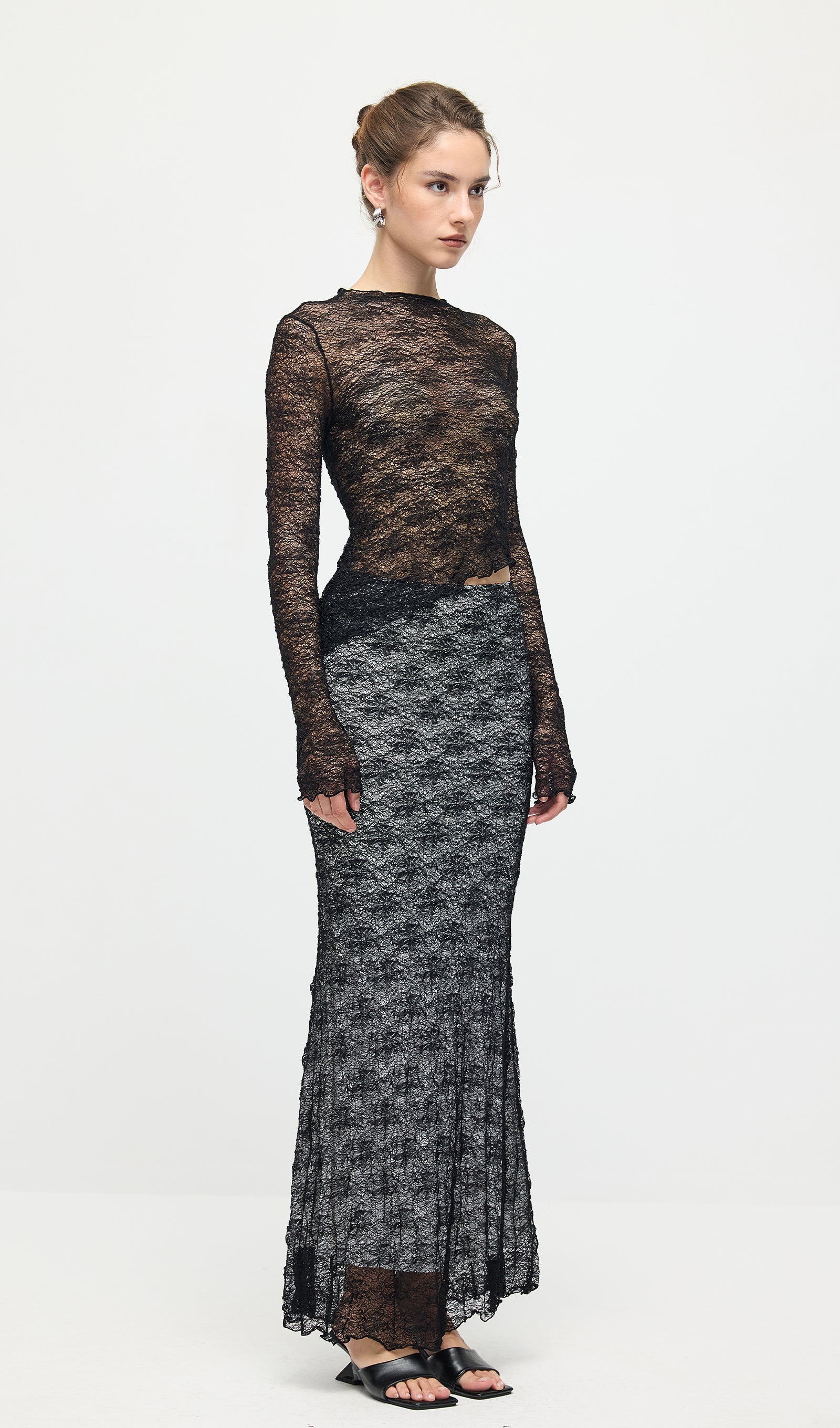 Sheer Lace Top & Maxi Skirt Sets In Black