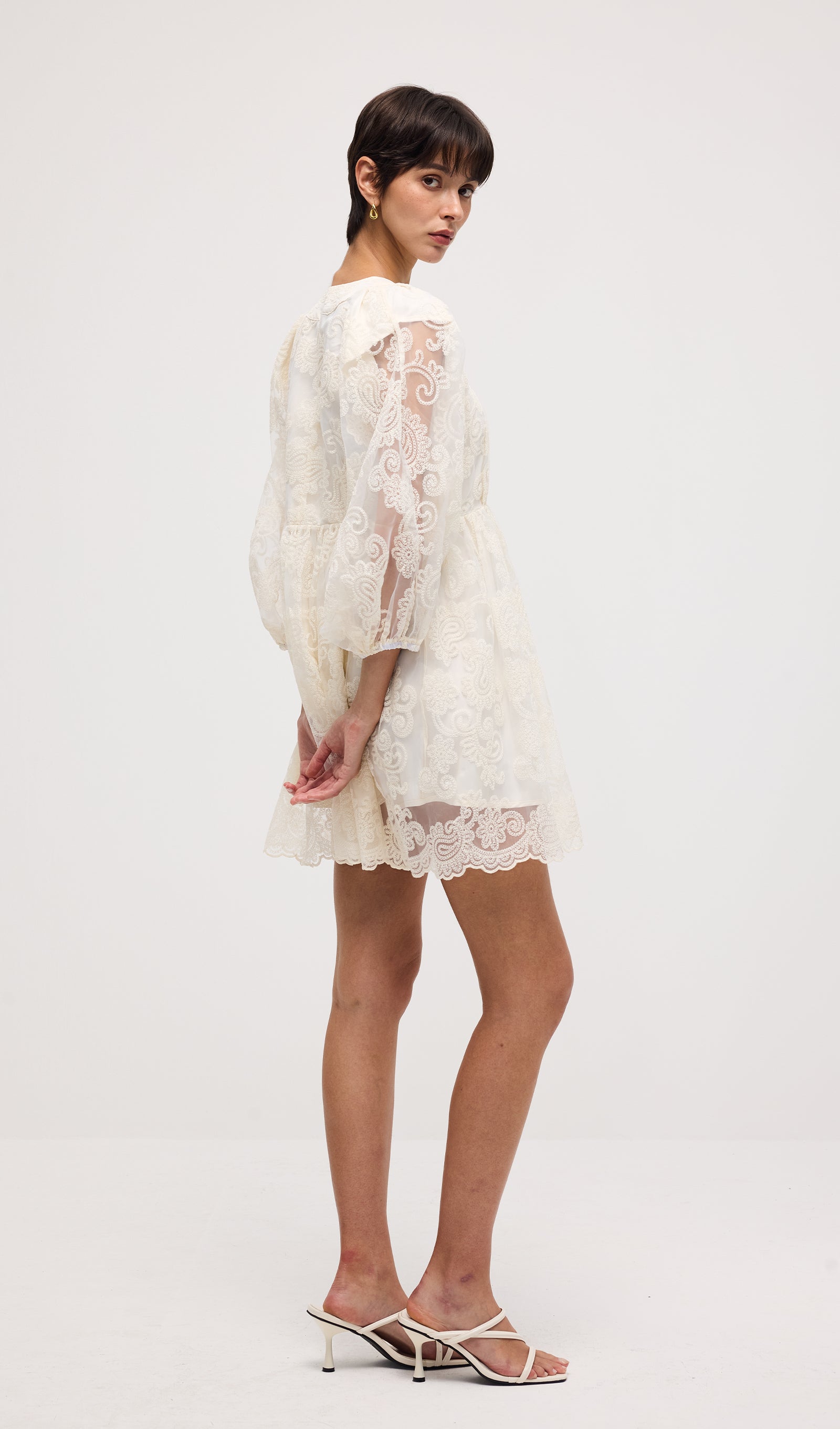 V Neck Embroidery Lace Mini Dress