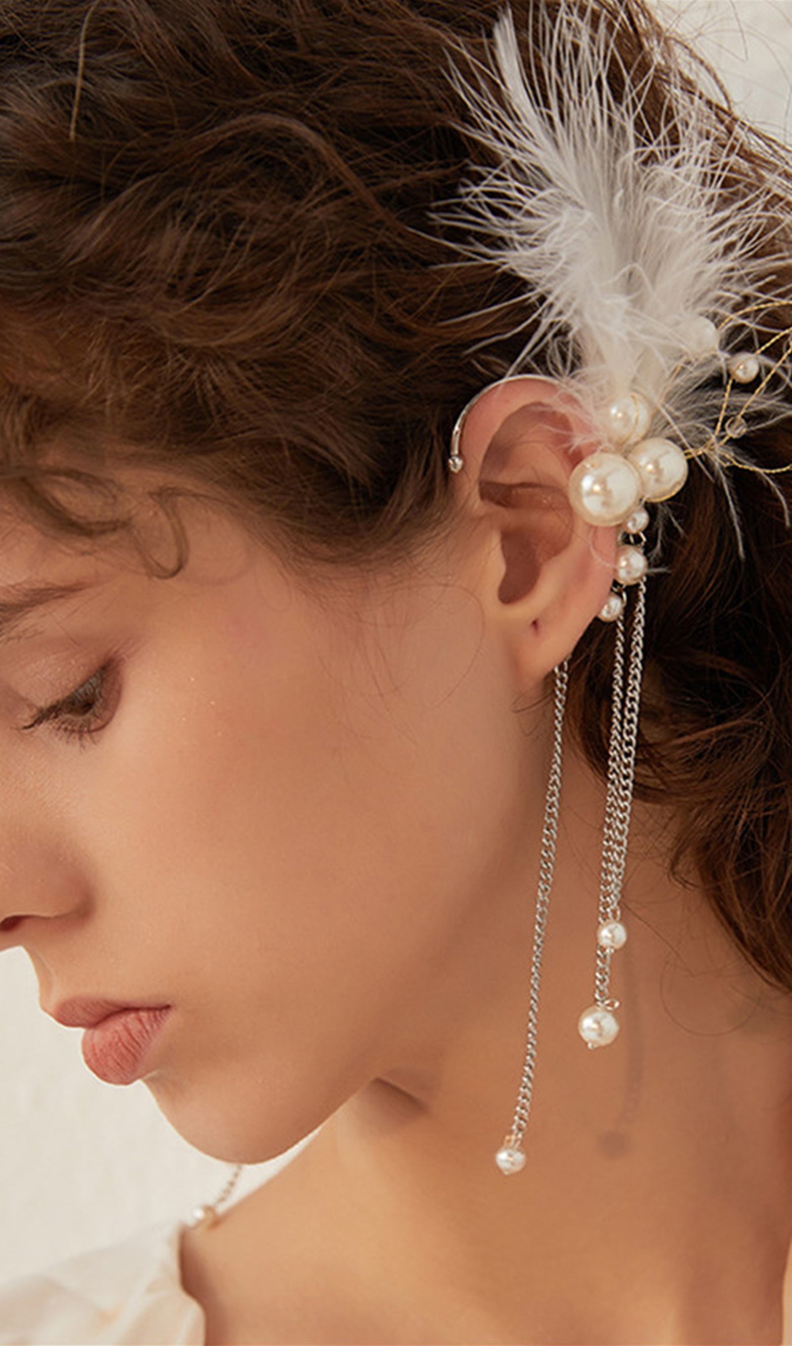 Feather Pearl Climber Tassel Cuff Single Earrings