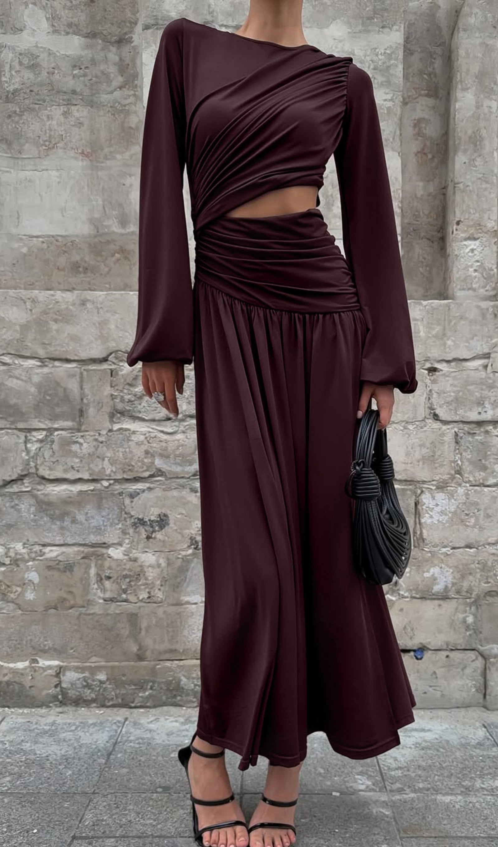 Long Sleeve Hollowed-Out Pleated Midi Dress