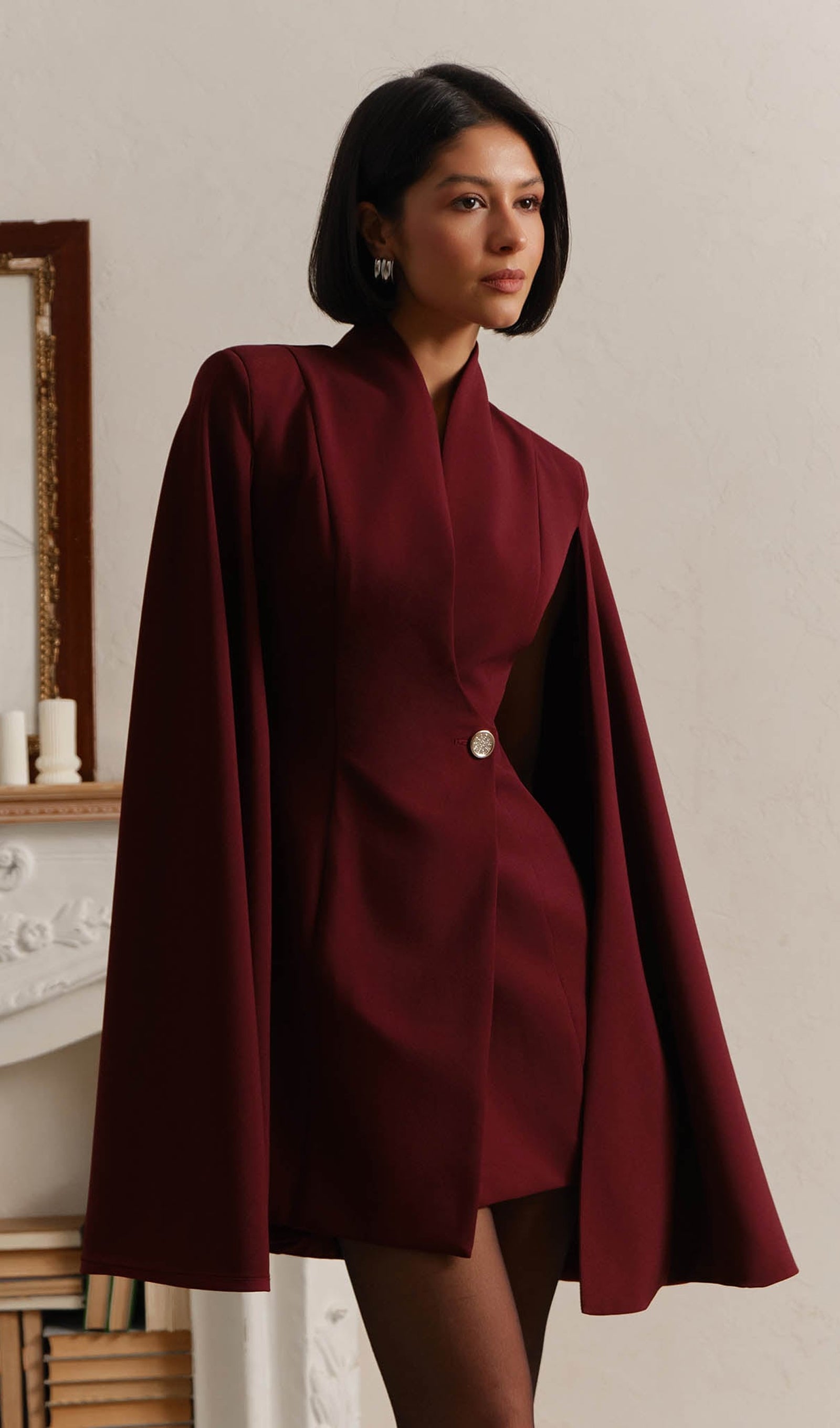 Mini Dress With Flared Sleeves In Claret