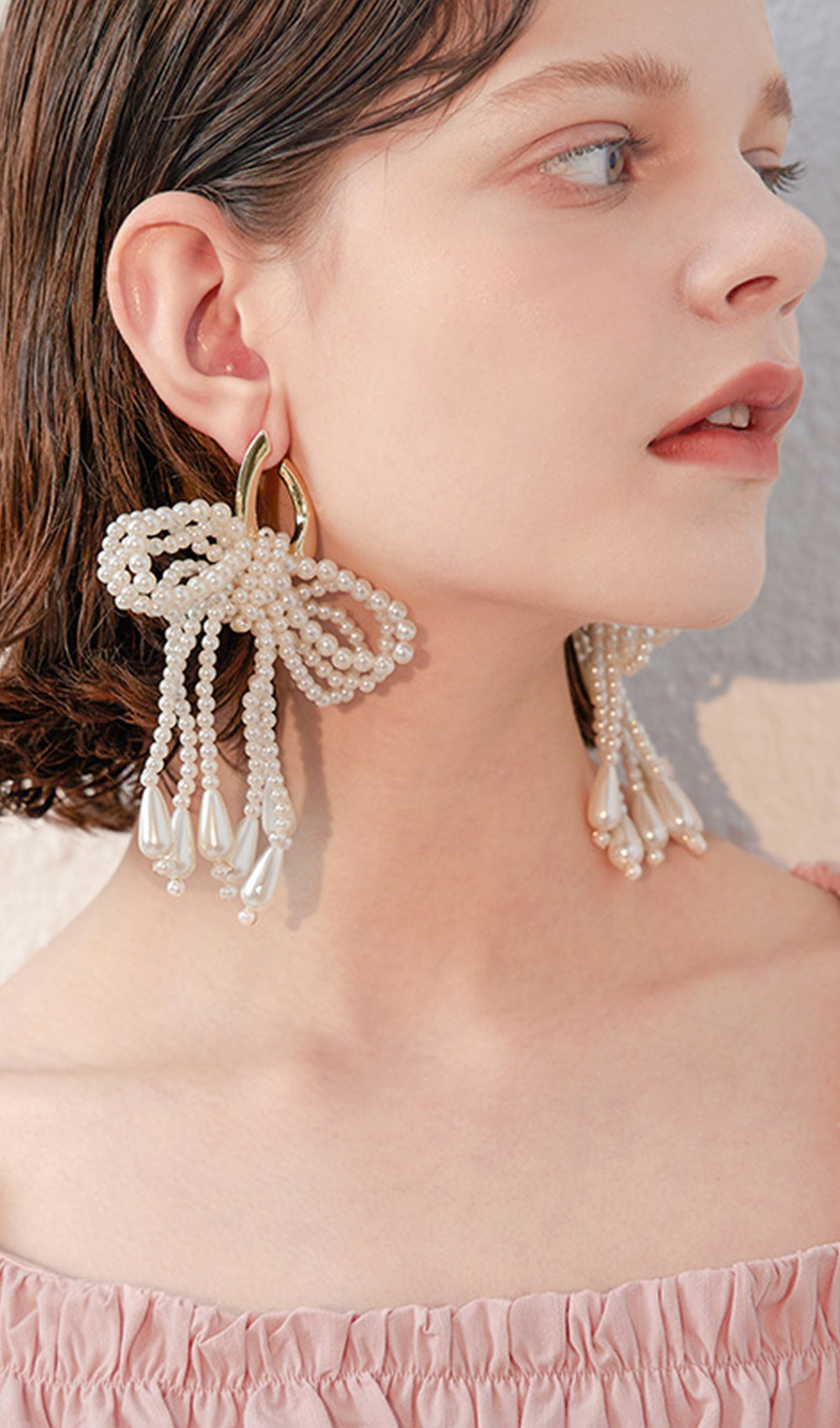 Pearl Bow Dangle Drop Hoop Earrings