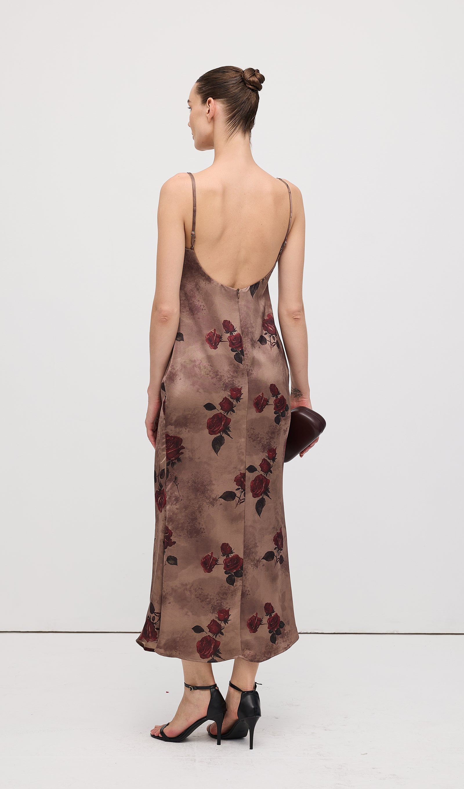 Cowl Neck Rose Print Sleeveless Midi Dress