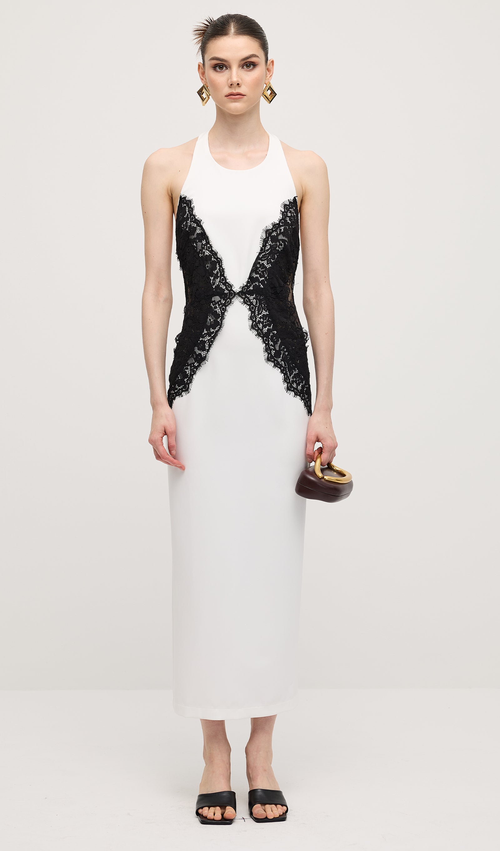 Open Back Maxi Dress In Crepe & Lace