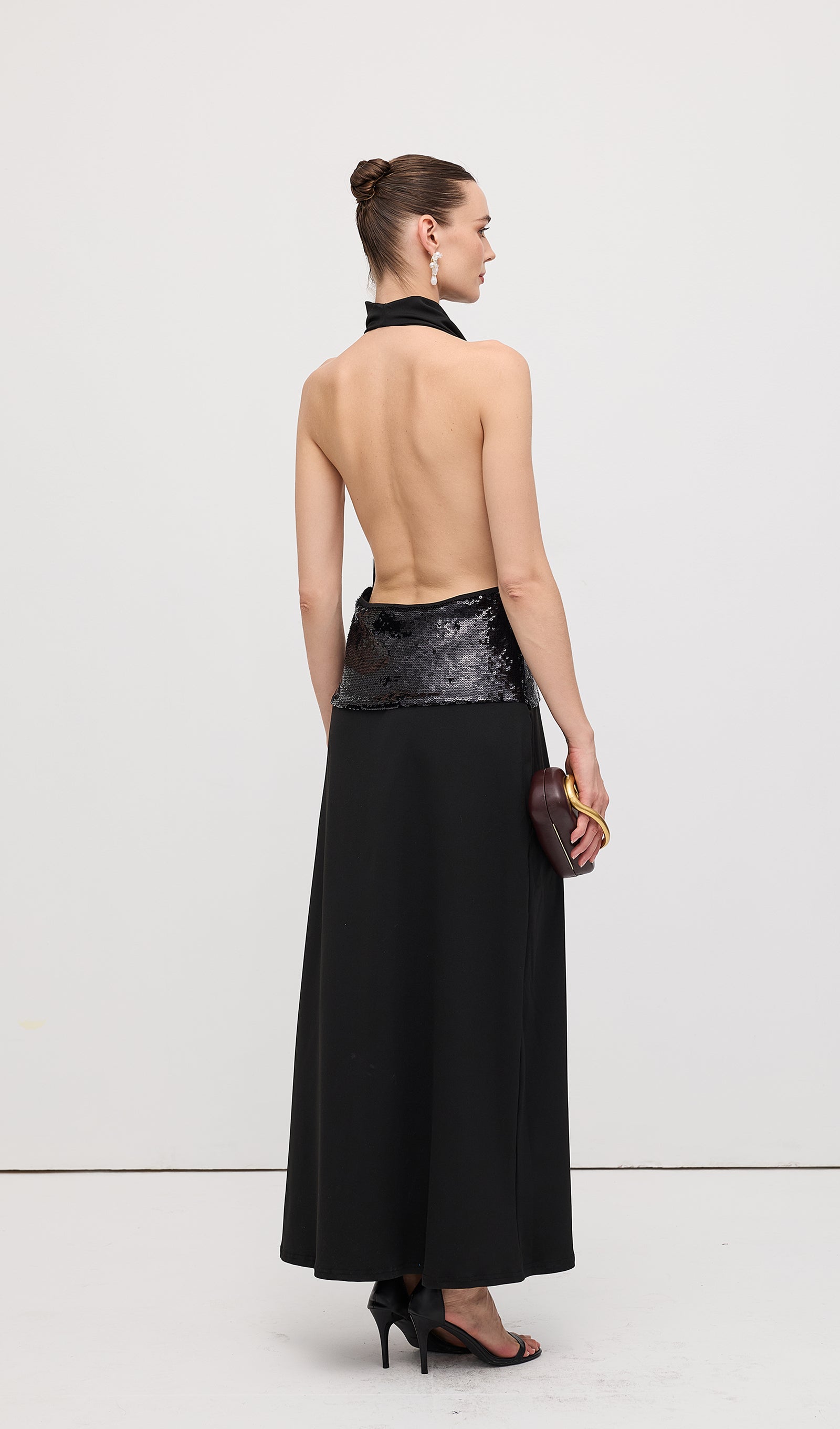 Draped Cowl Neck Open Back Maxi Dress