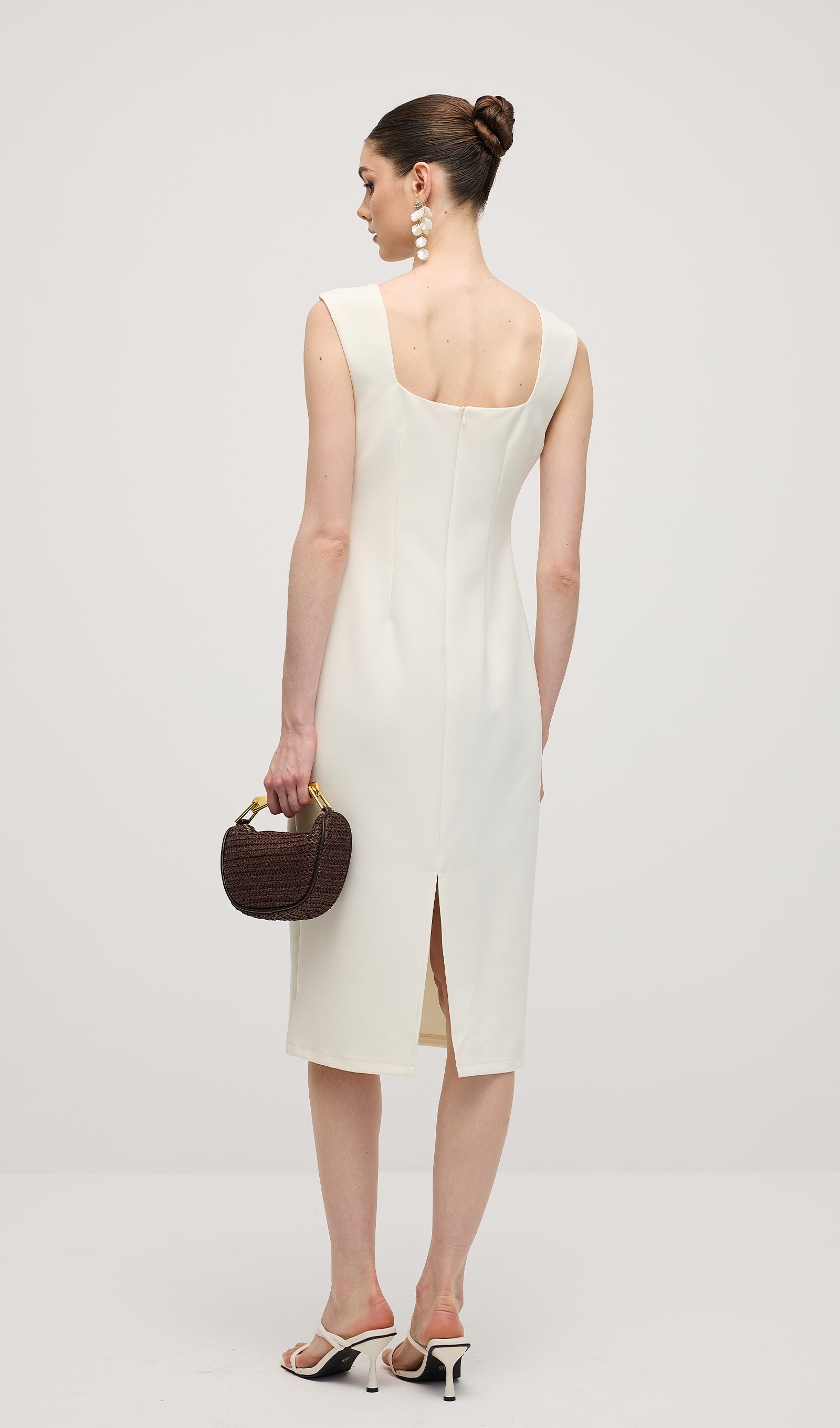 Square Neck 3D Petal Appliques Midi Dress