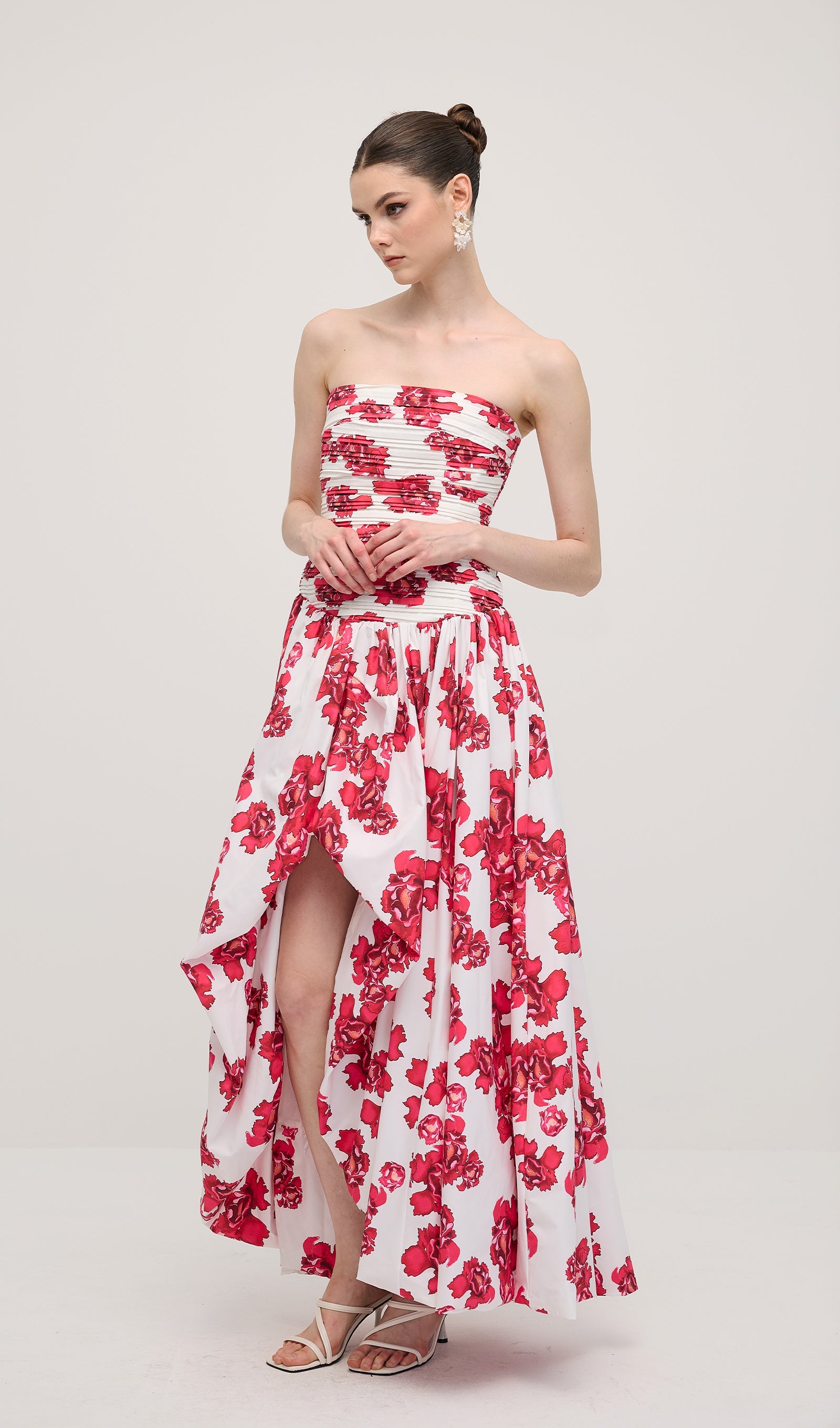 Sleeveless Ruched Draped Split Maxi Dress In Red Print