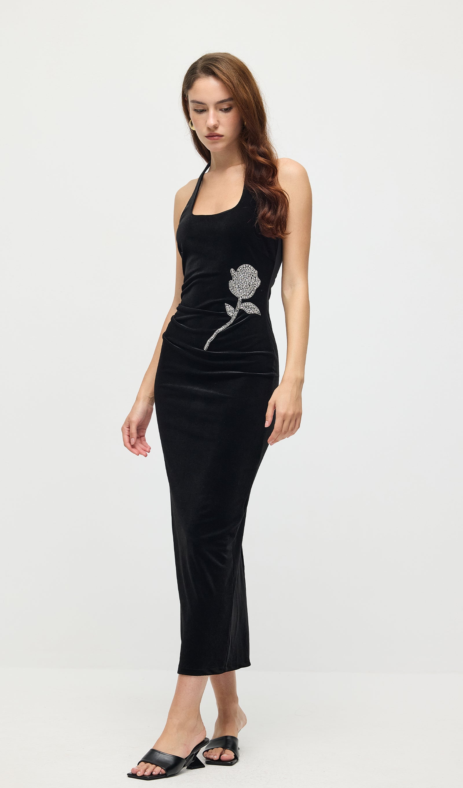 Halter Velvet Embellished Midi Dress