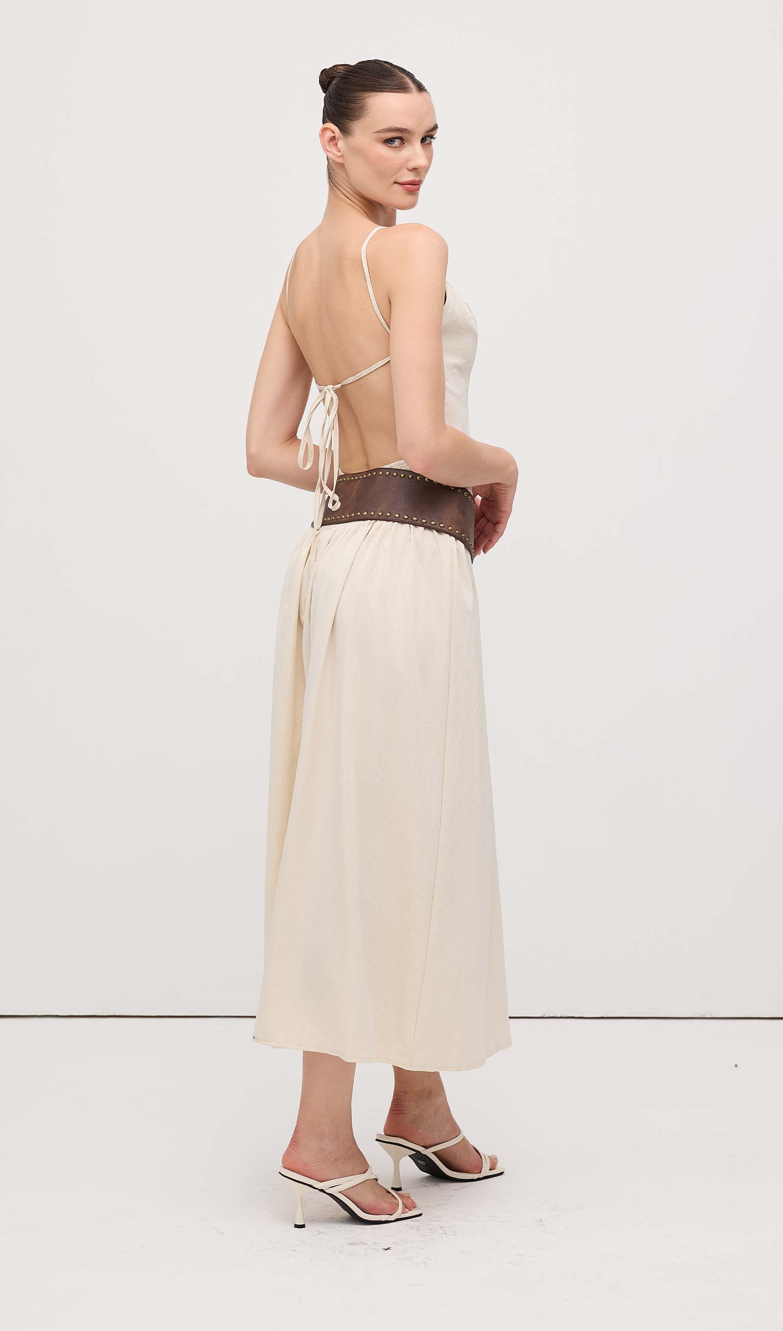 Slit Sleeveless Midi Dress With Belt