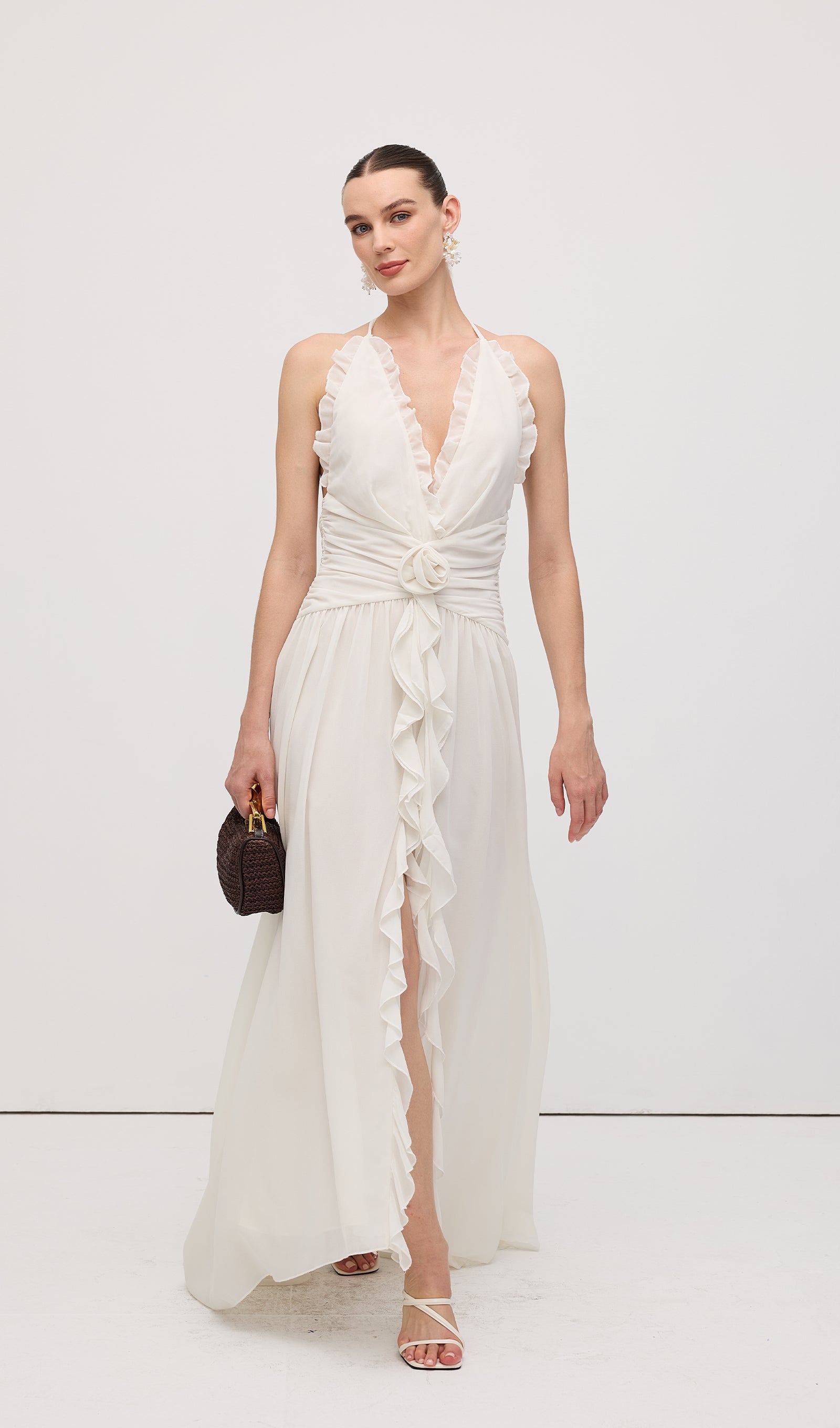 Halter Ruffles Rose Decoration Maxi Dress White