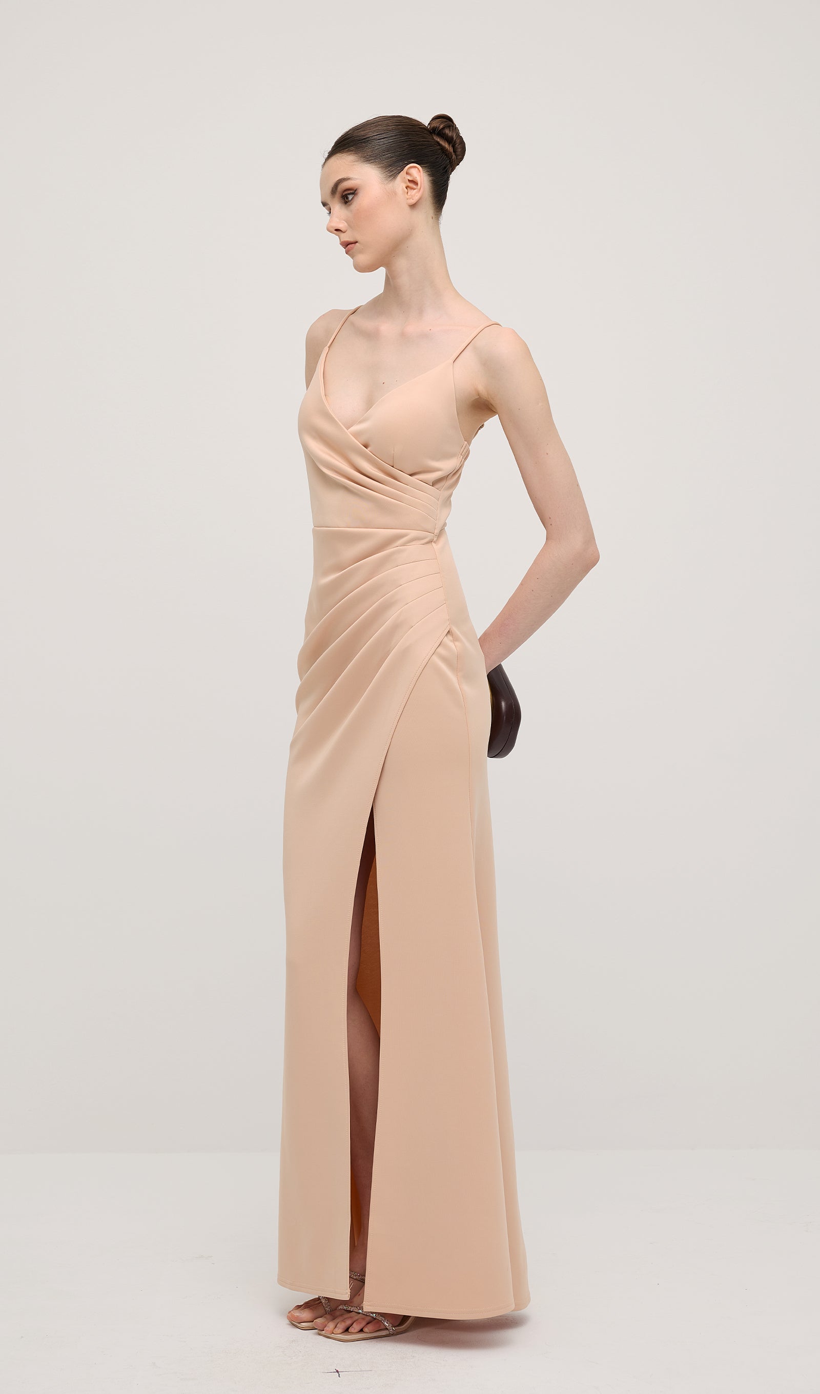 V Neck Sleeveless Slit Maxi Dress In Apricot