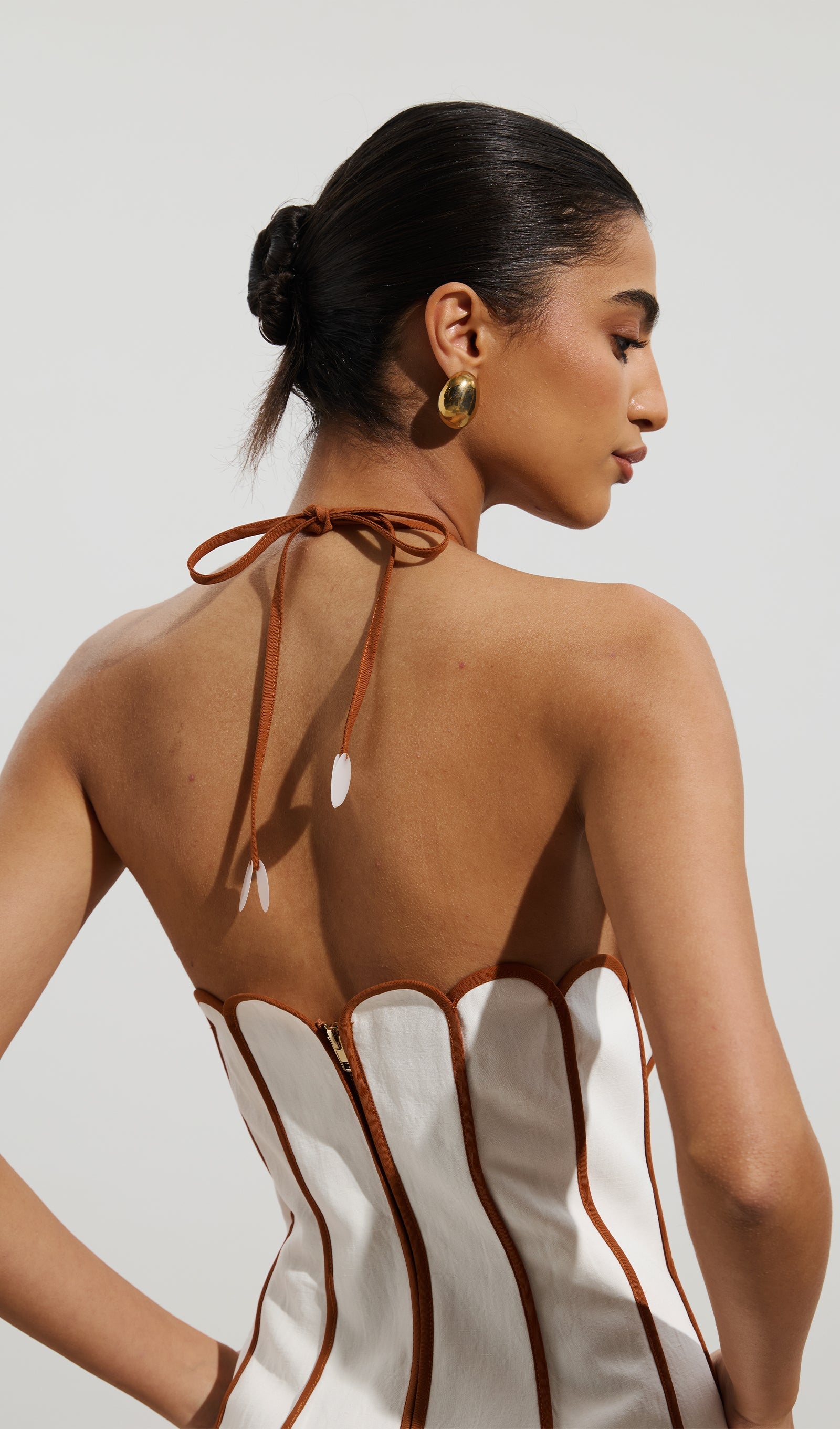 Solid Scalloped Linen Halter Mini Dress