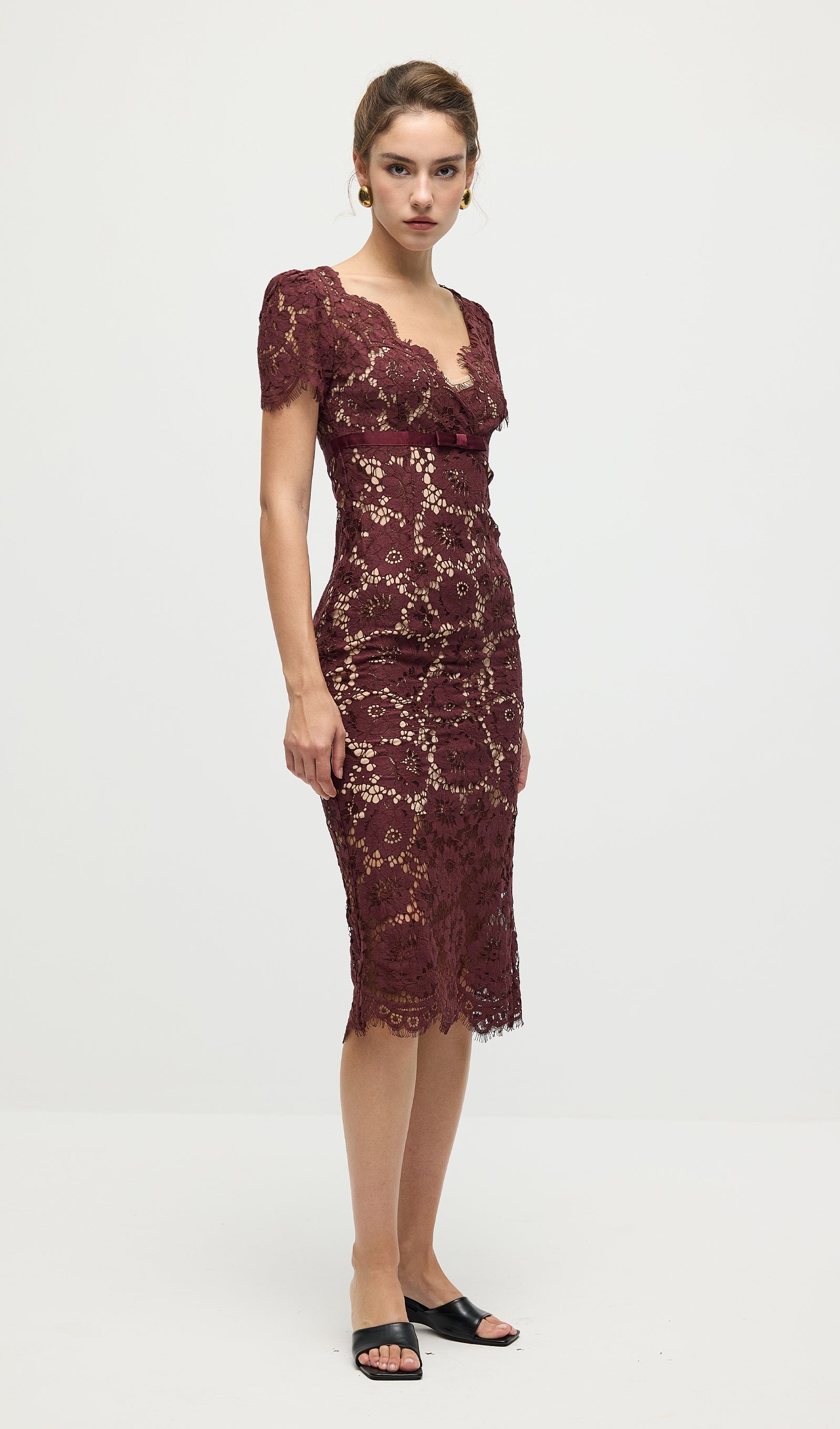 Burgundy Floral Lace Midi Dress