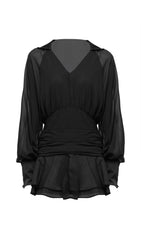Solid Lantern Sleeve Mini Dress In Black