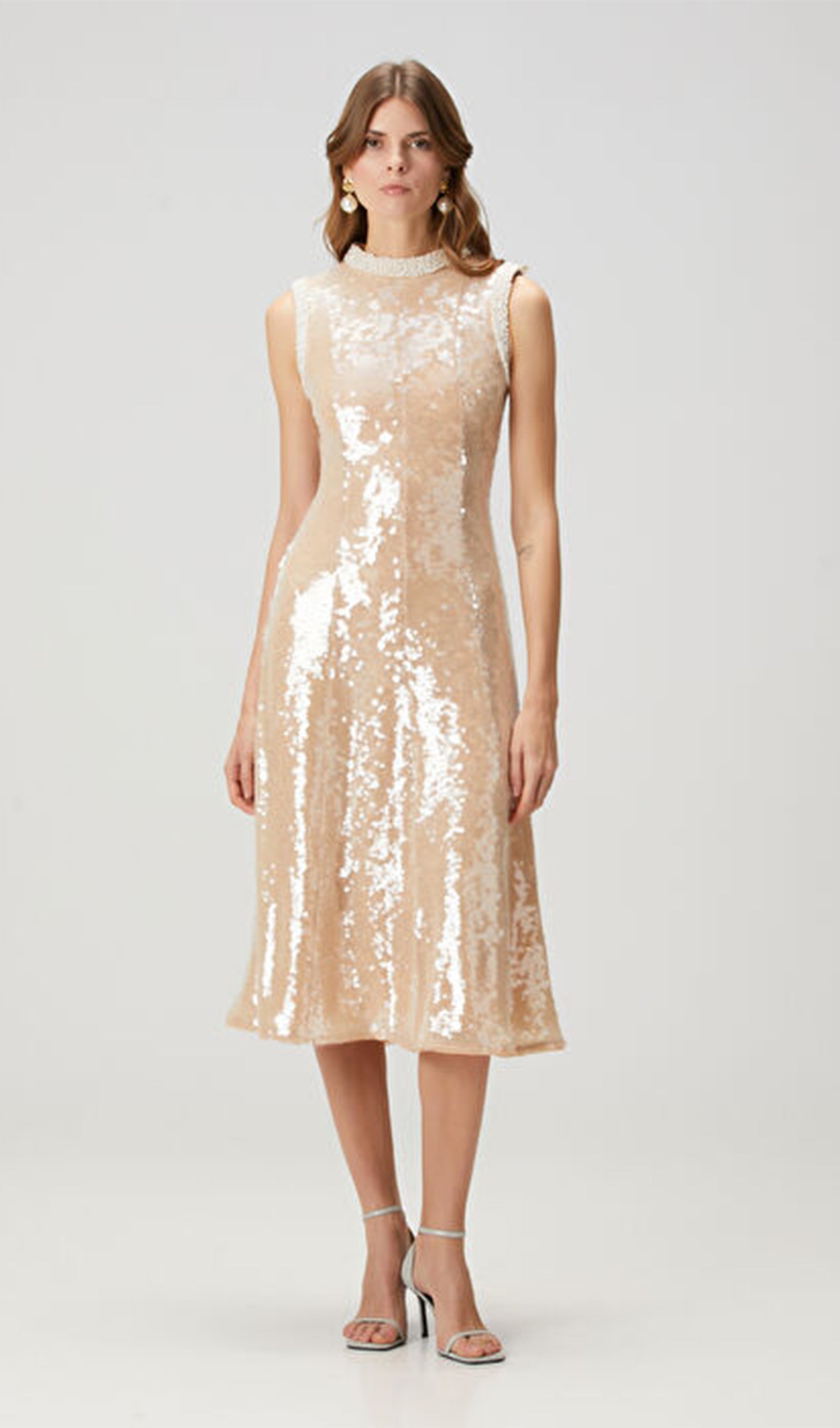 Sequin Embellished Pearl Trim Midi Dress