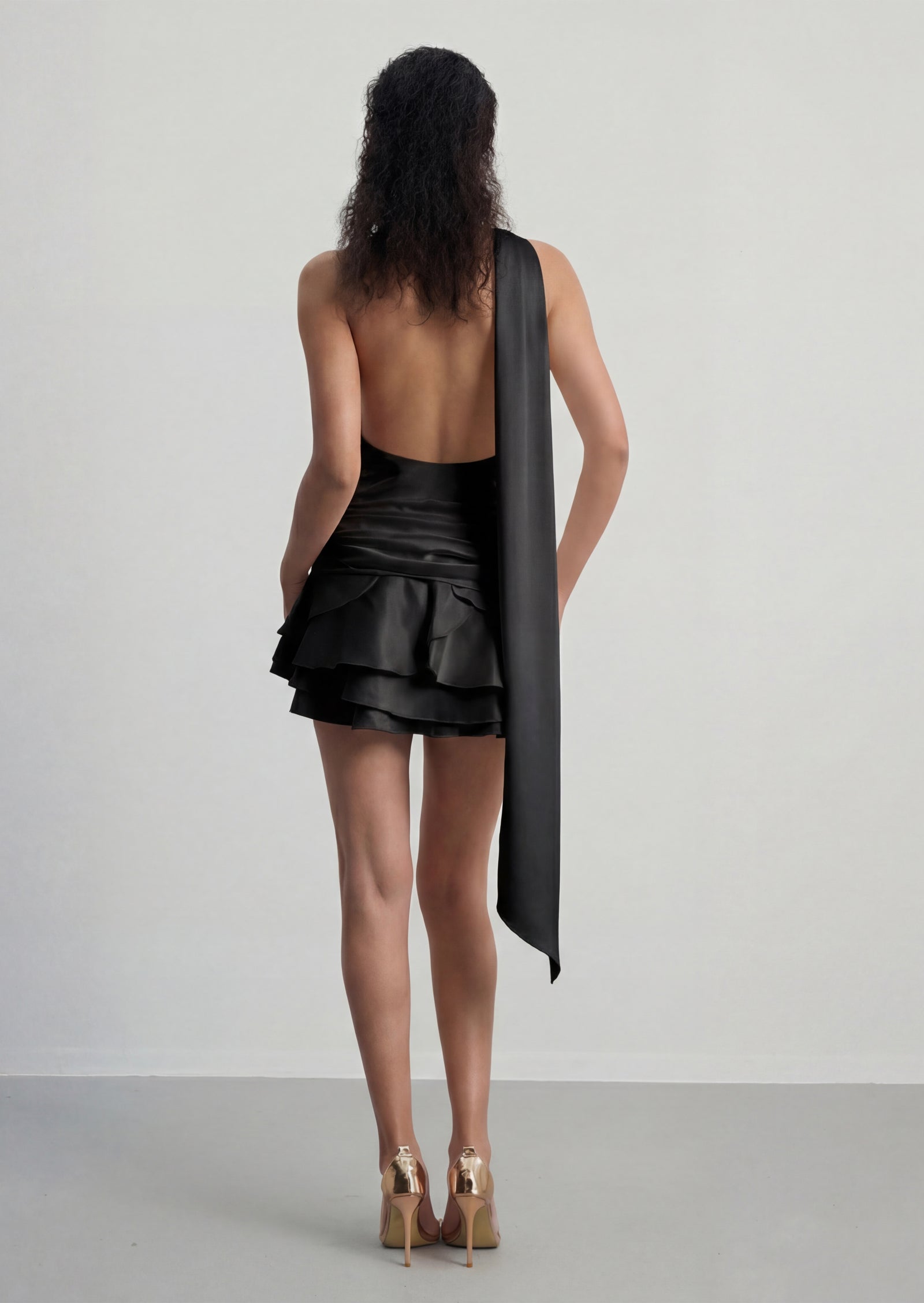 One Shoulder Tiered Ruffle Mini Dress In Black