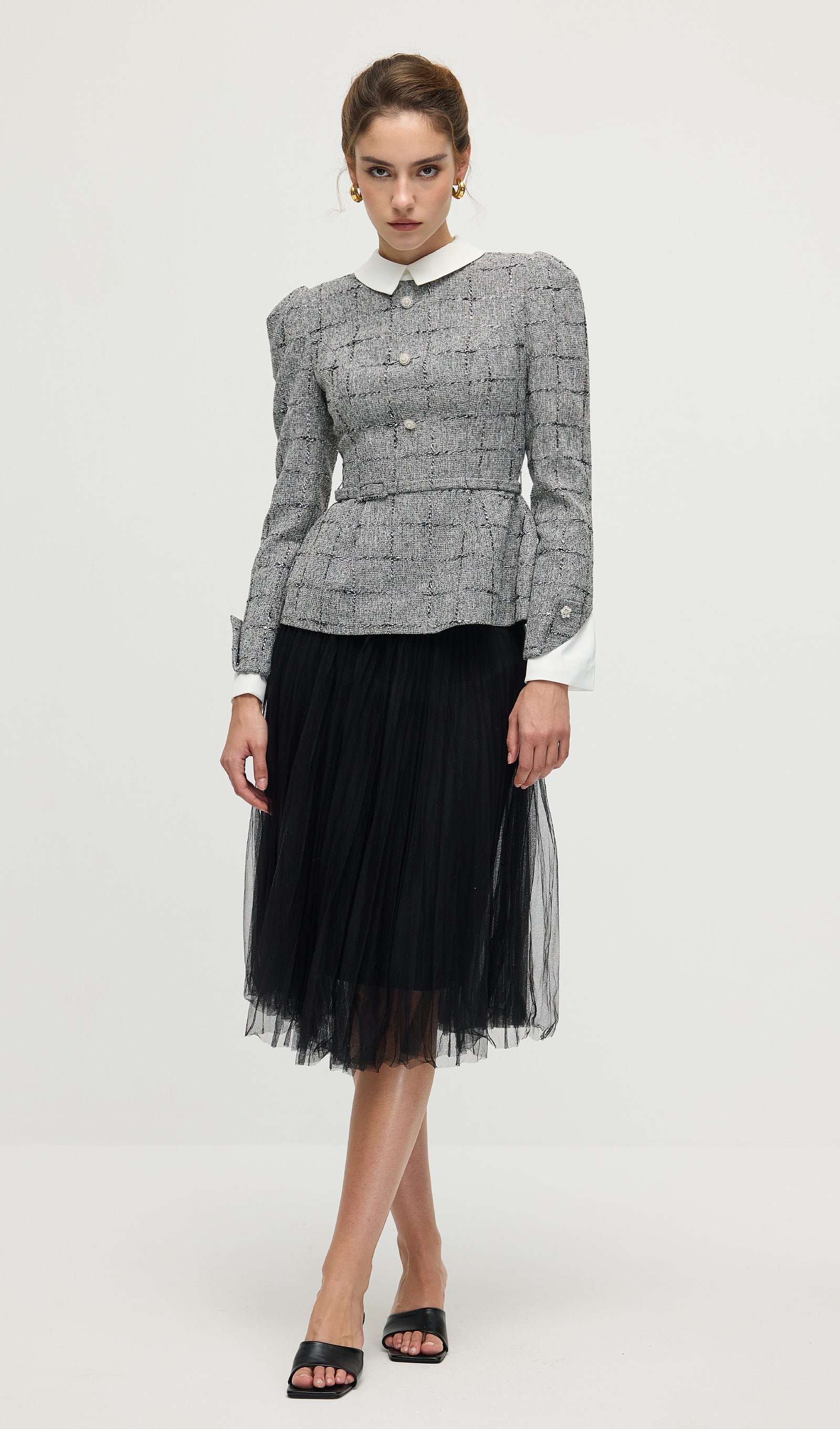 Peplum Tweed Top & Mesh Midi Skirt Set