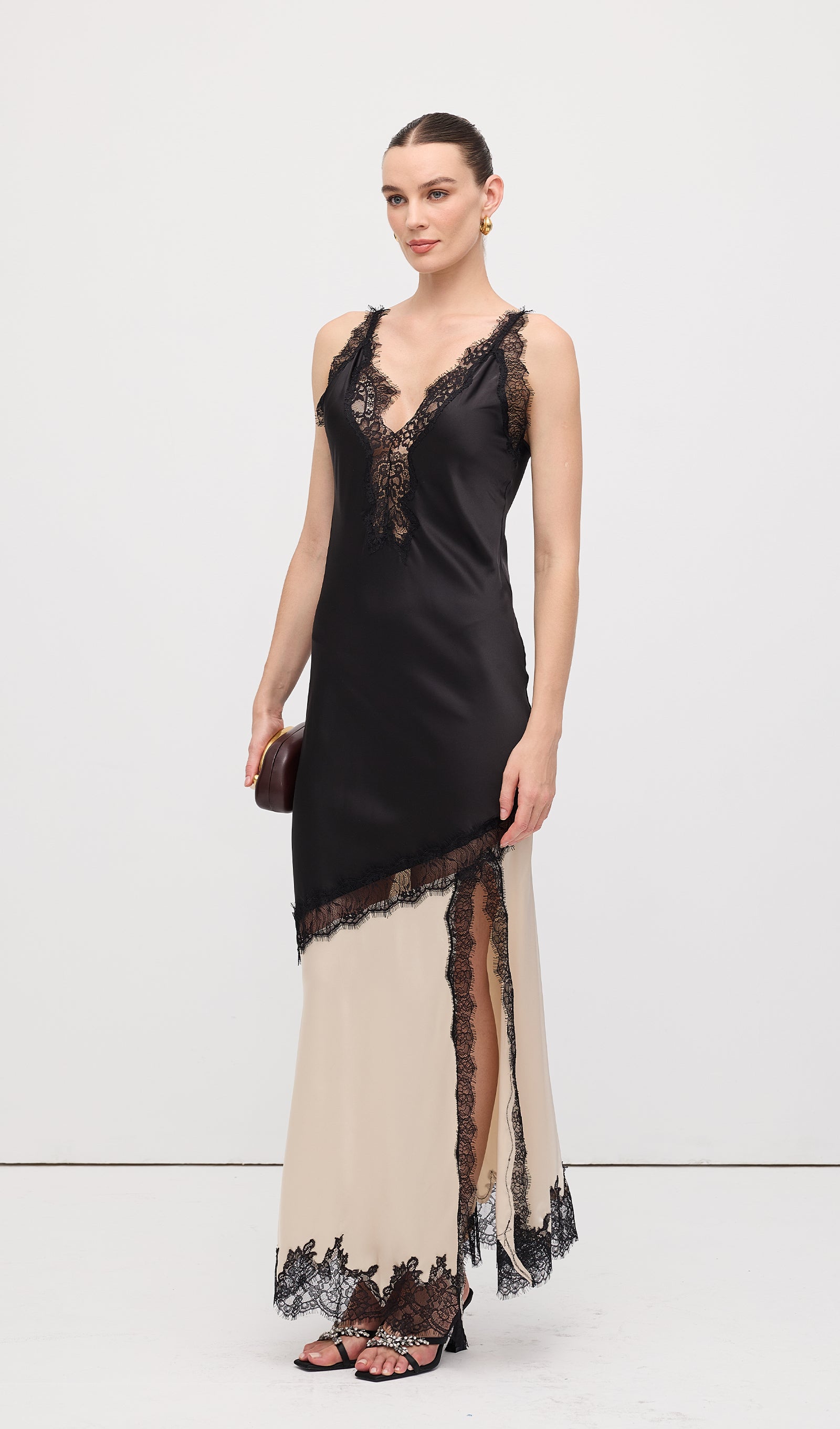 Diagonal Lace Slit Maxi Dress