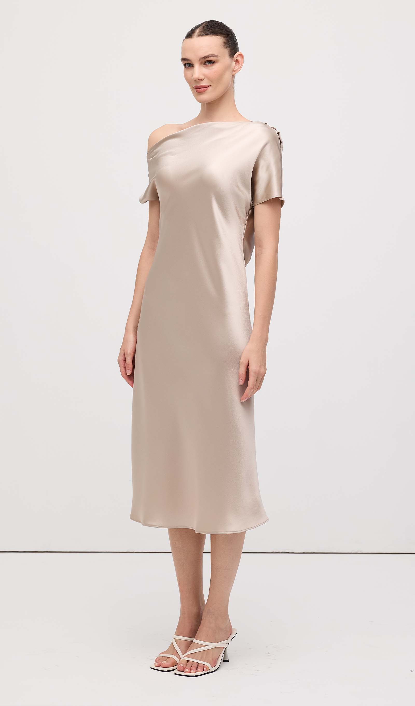 Asymmetric Satin Draped Midi Dress