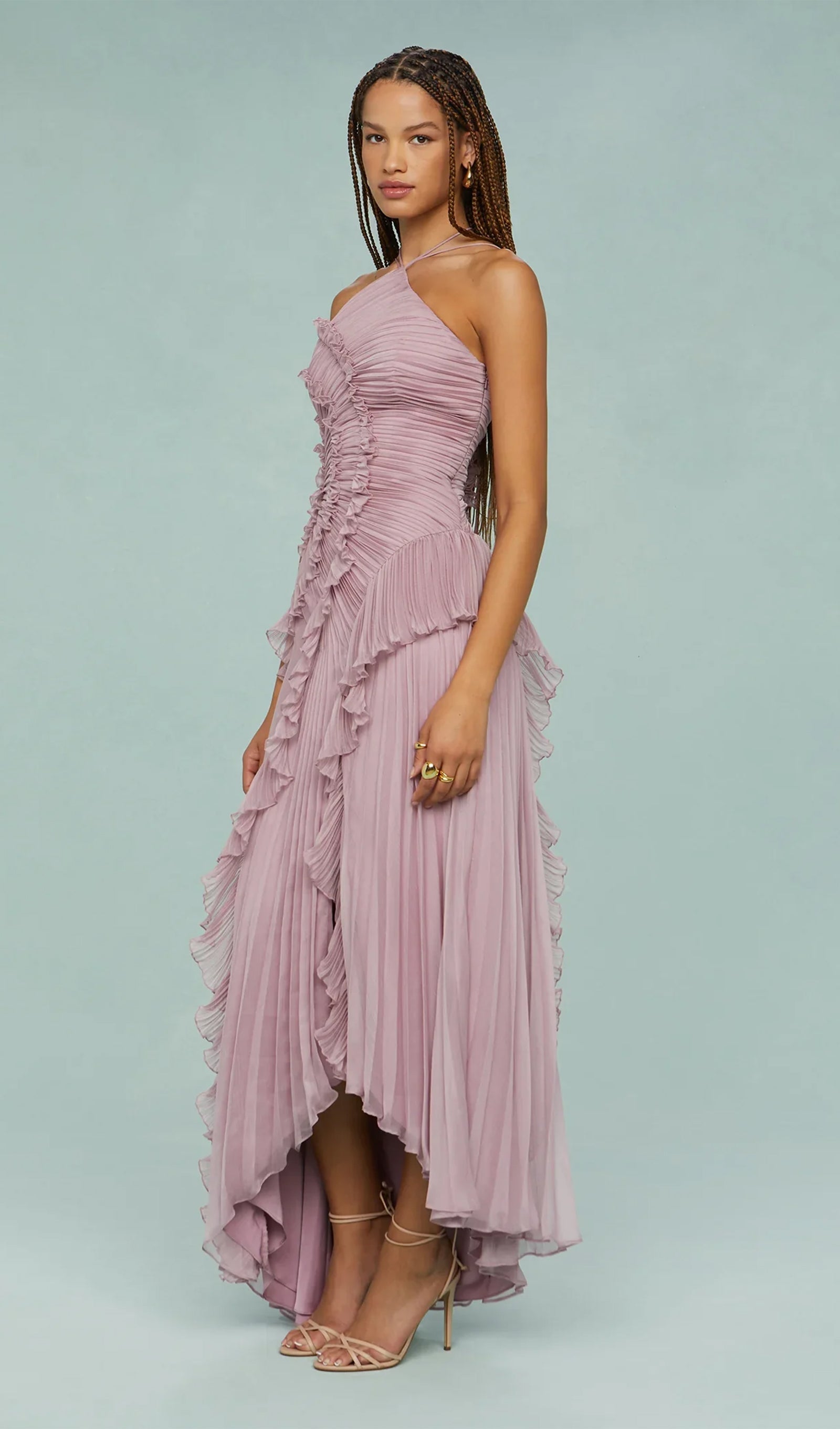 Asymmetry Ruffled Halter Maxi Dress