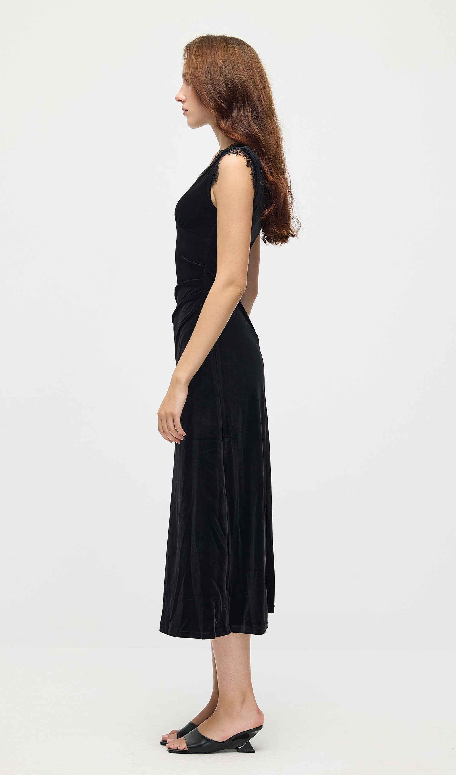 Lace Trimmed Velvet Midi Dress