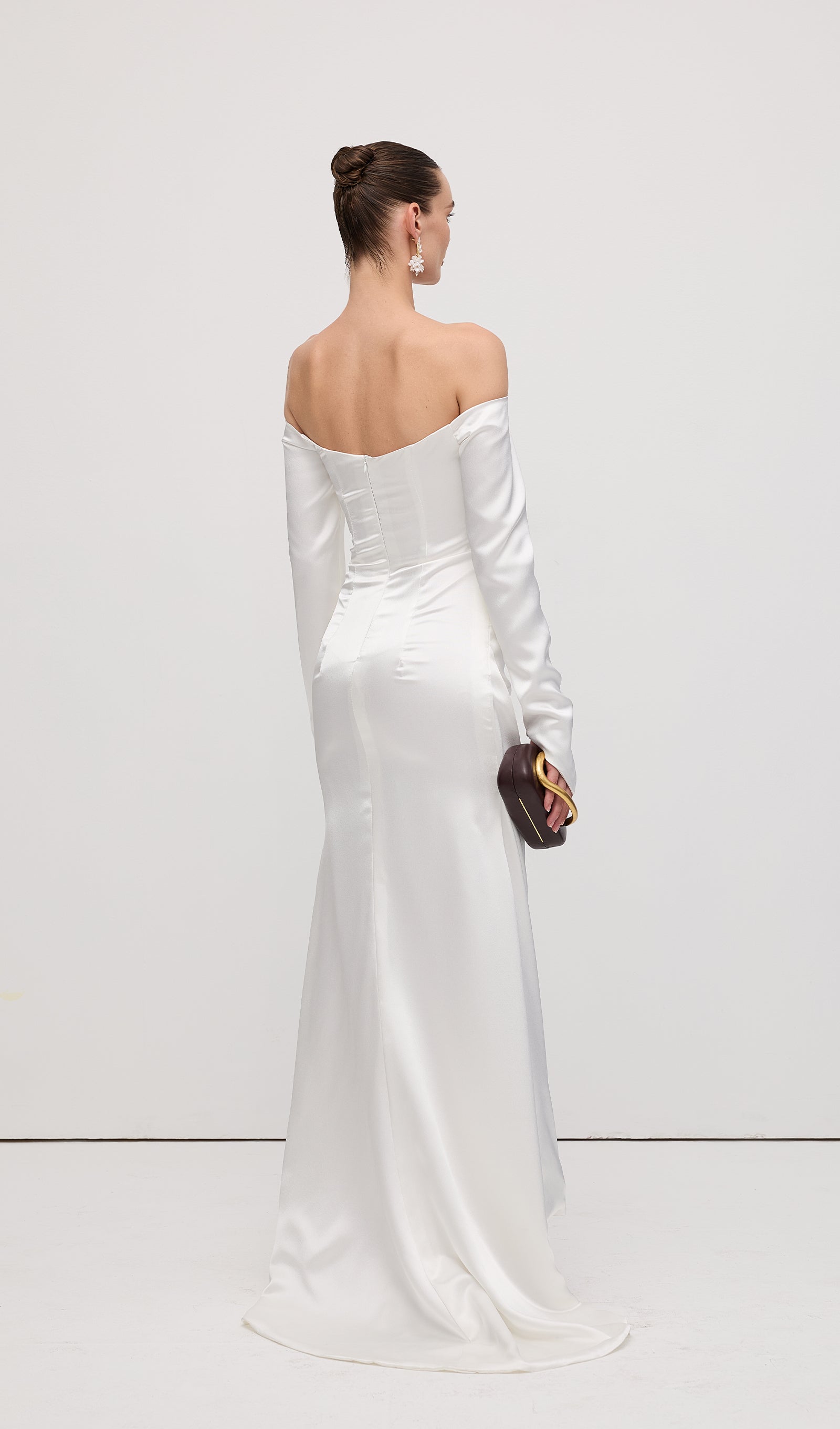 Satin Off Shoulder Ruched Maxi Dress
