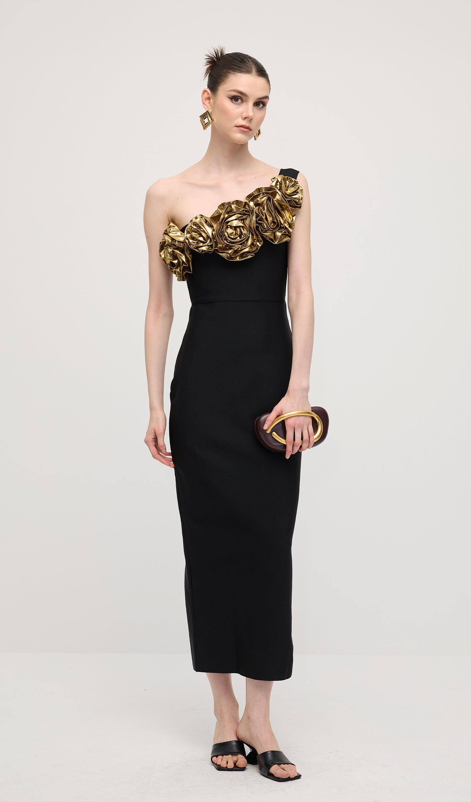 One Shoulder Rose Bodycon Maxi Dress