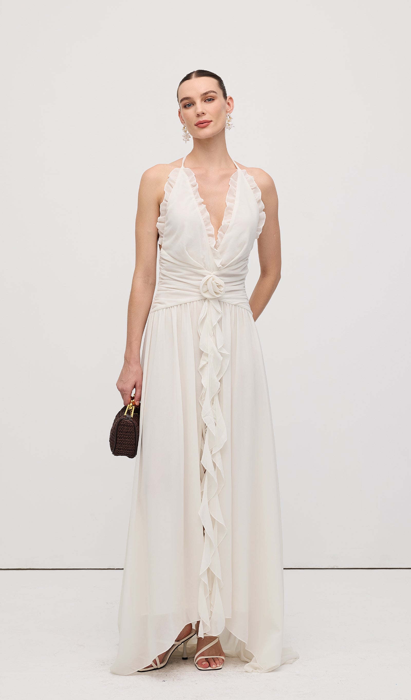 Halter Ruffles Rose Decoration Maxi Dress White