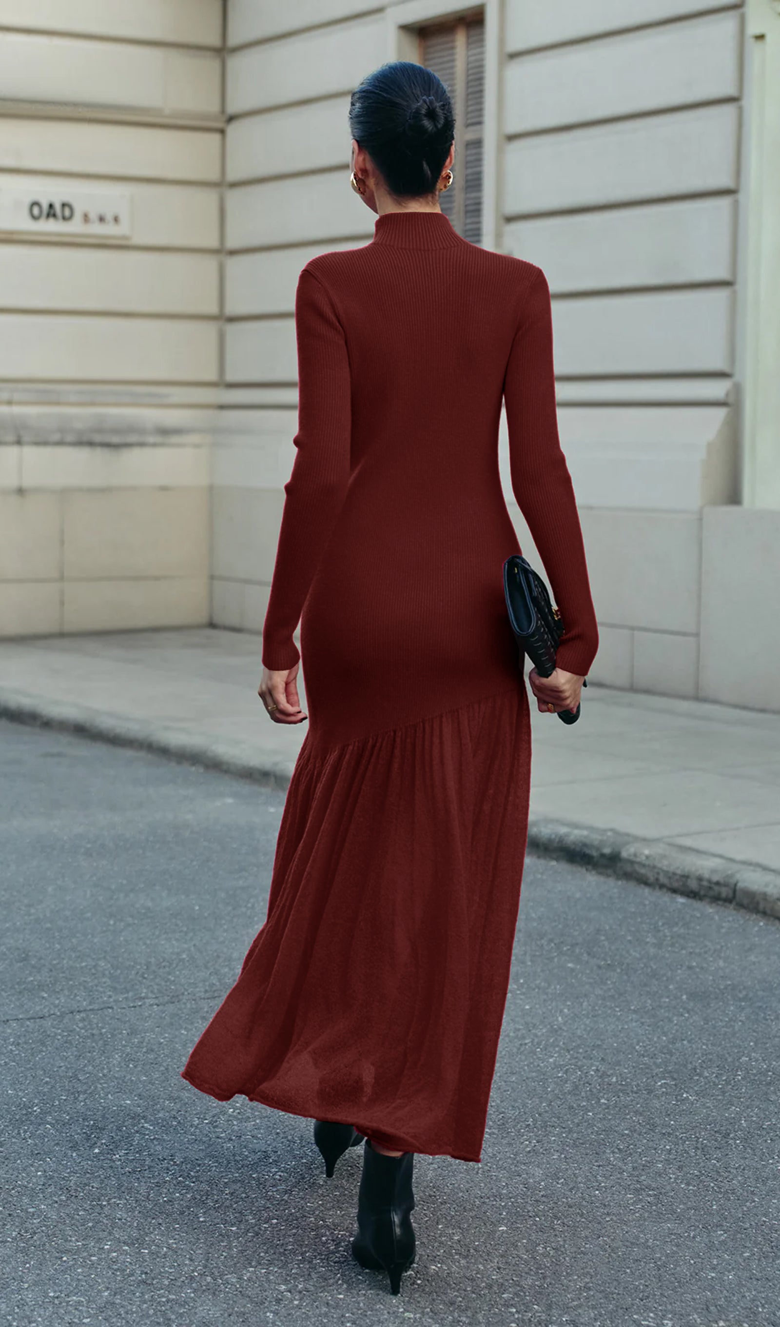 Mock Neck Pleated Panel Sweater Dress In Red Brown