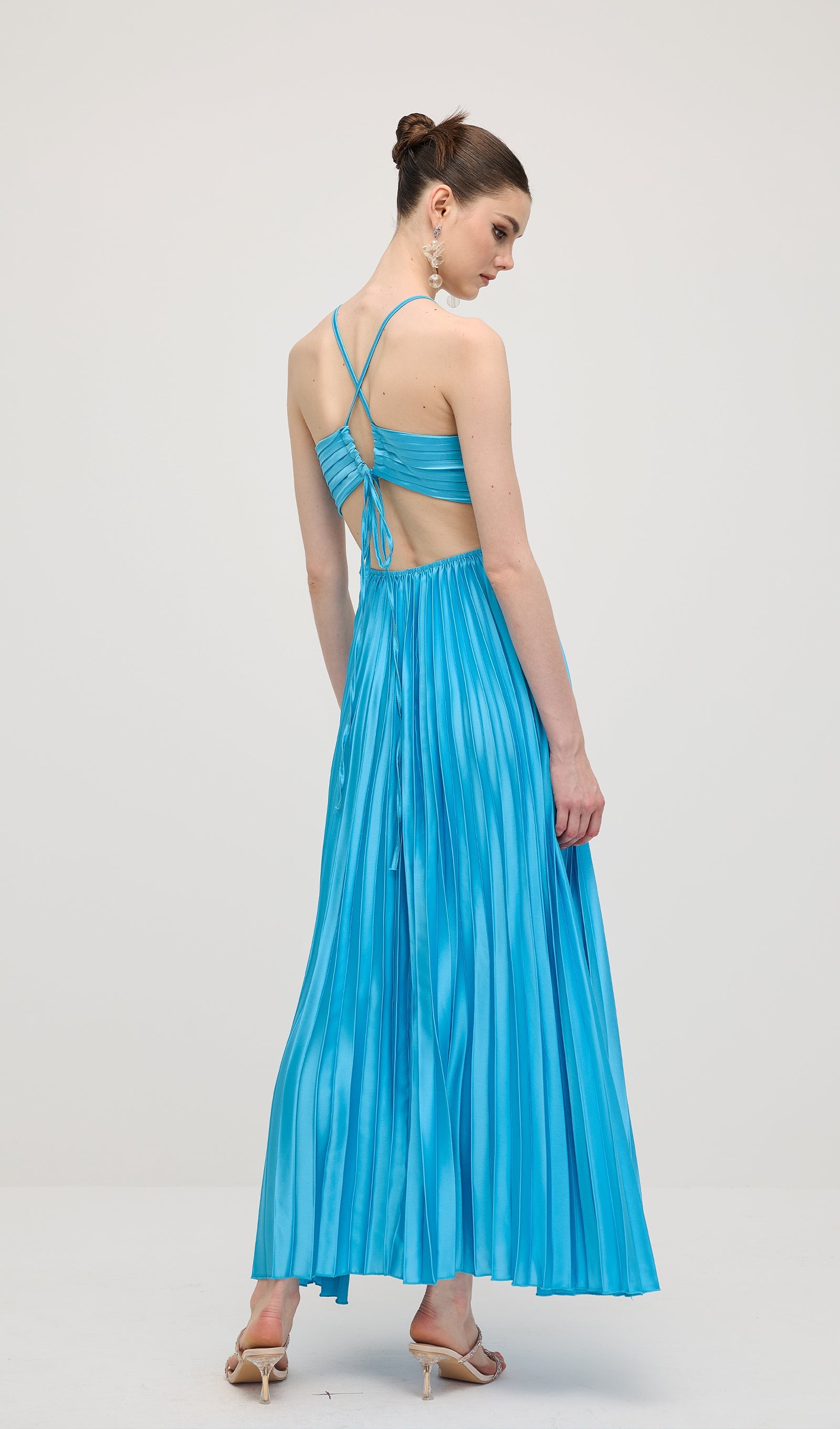Solid Cut Out Tie Back Plisse Maxi Dress In Blue