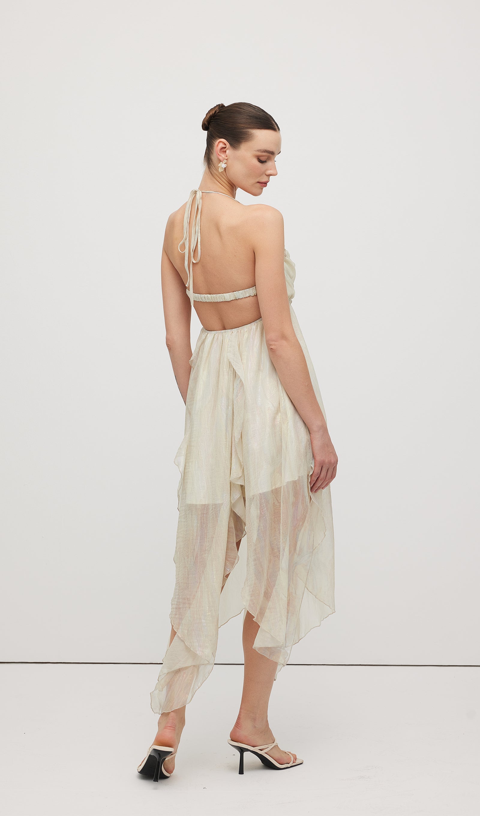 Halter Tulle Pleated Midi Dress