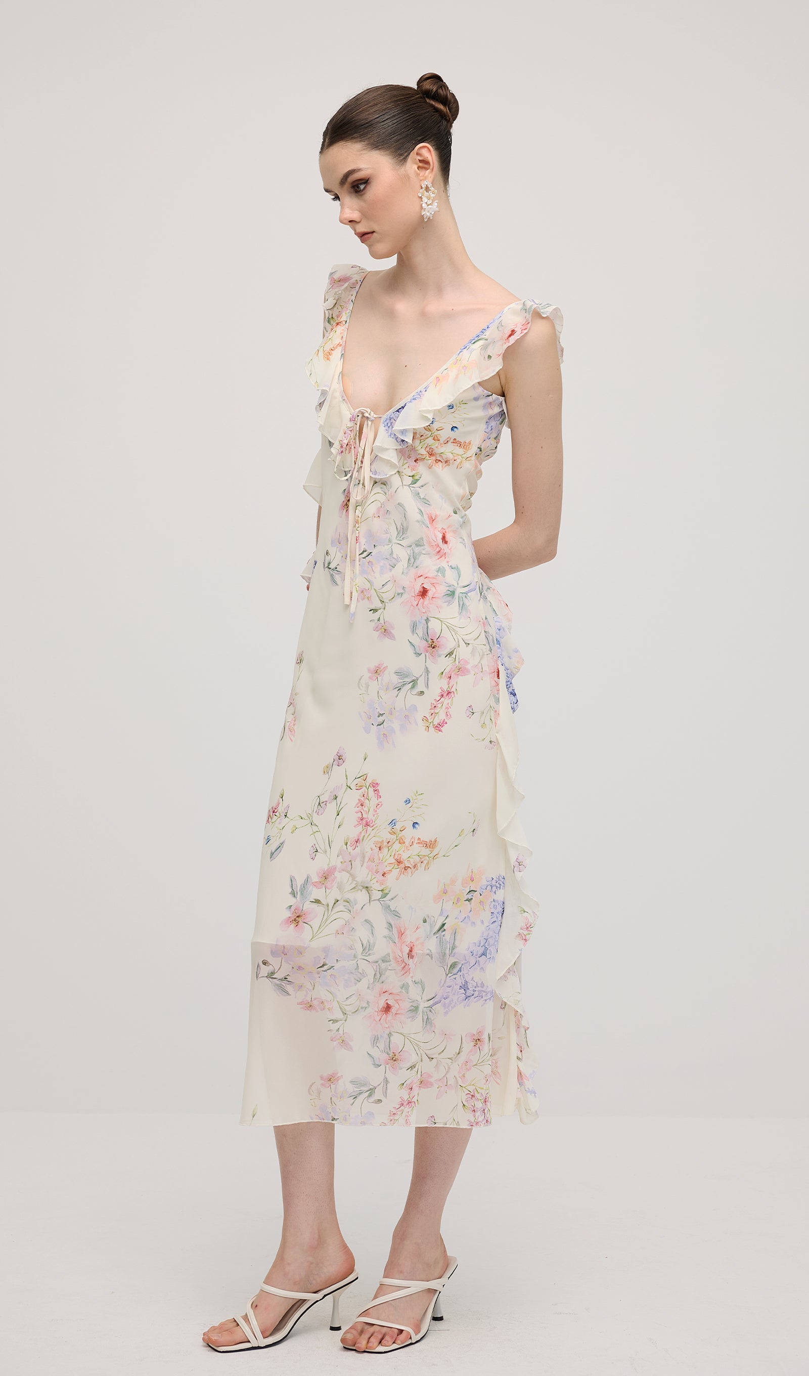 Floral V Neck Ruffled Midi Dress