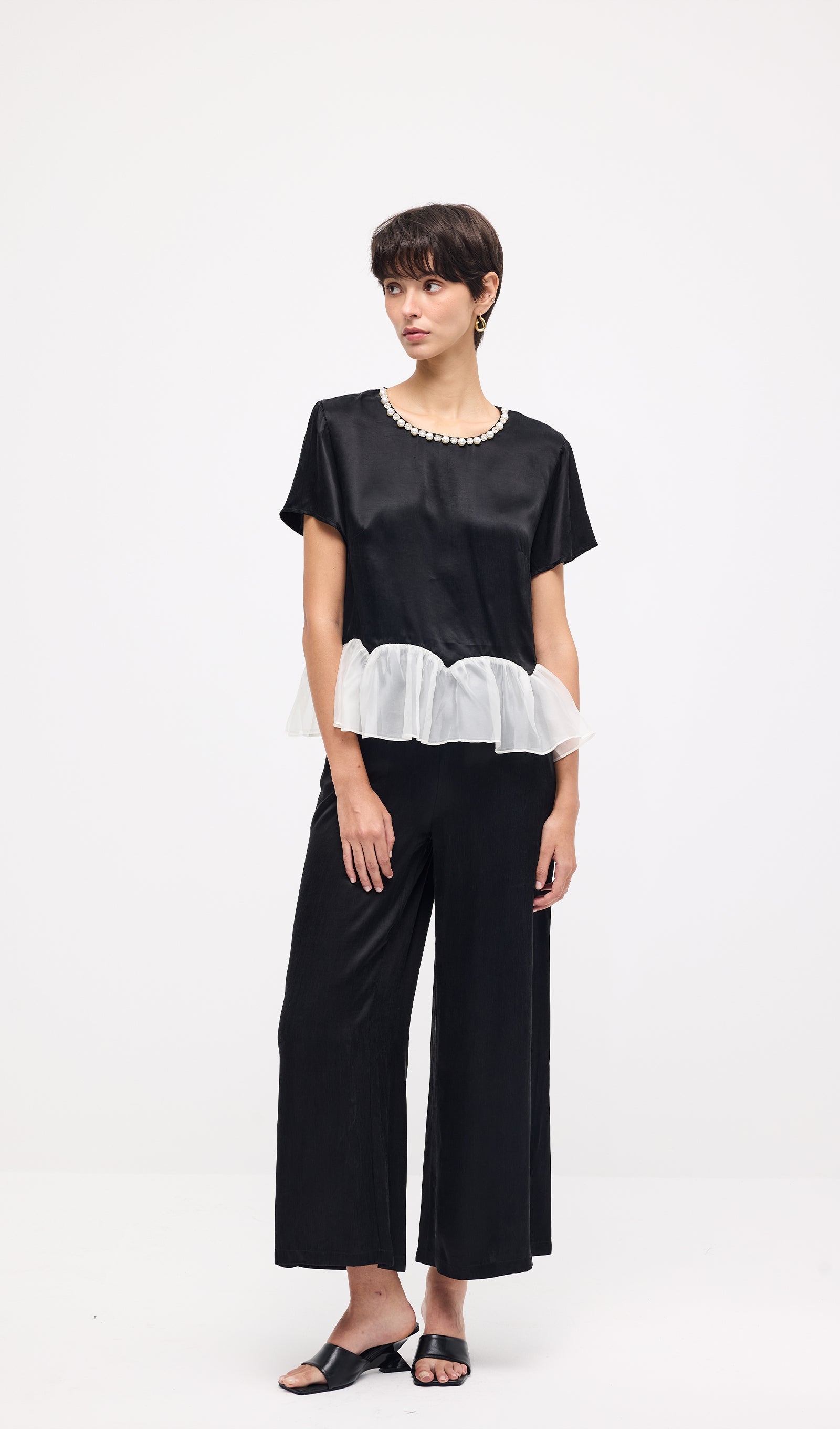 Short Sleeve Top & Maxi Pants Set In Black