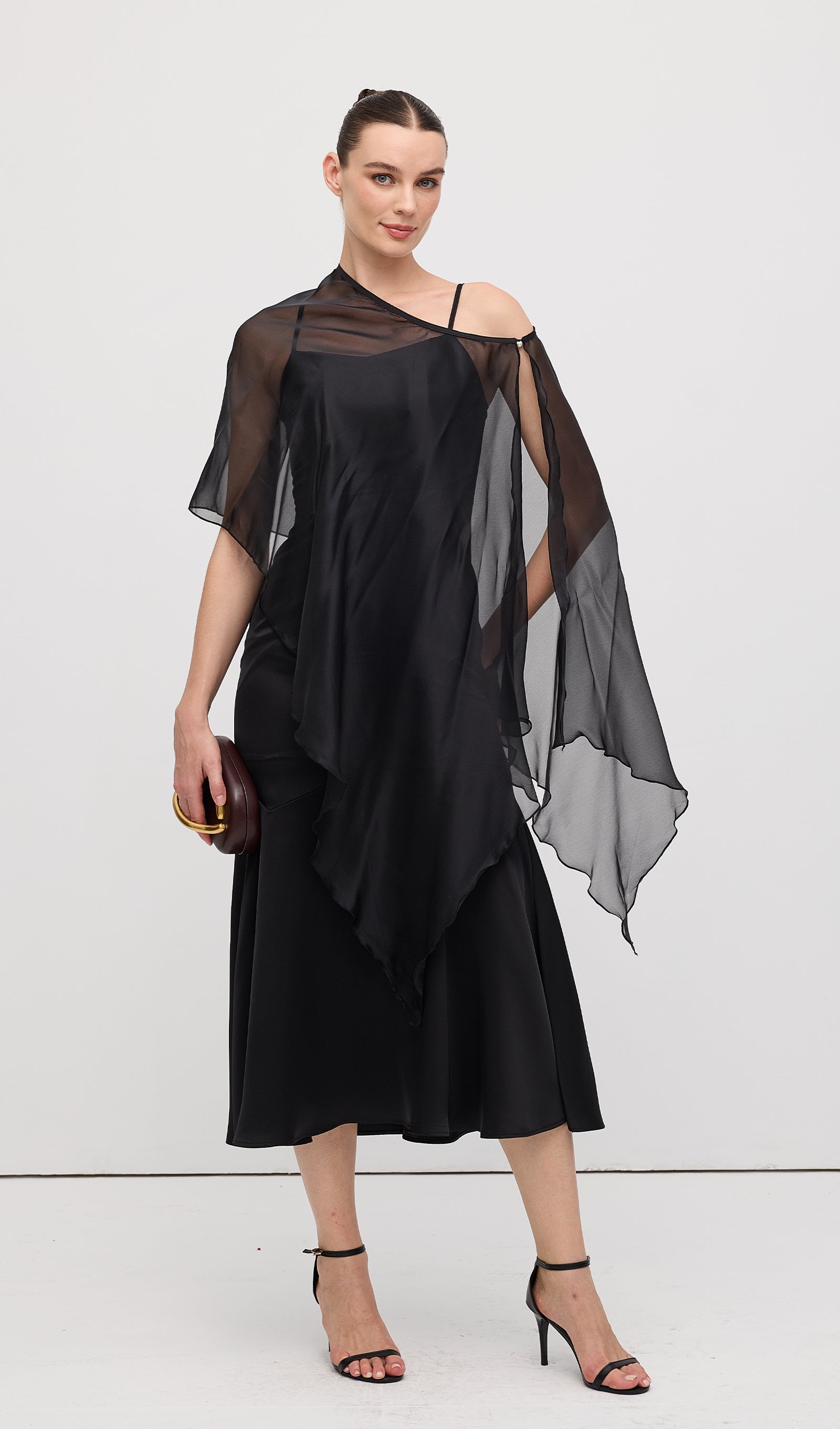 Asymmetric Cape With Satin Midi Dress