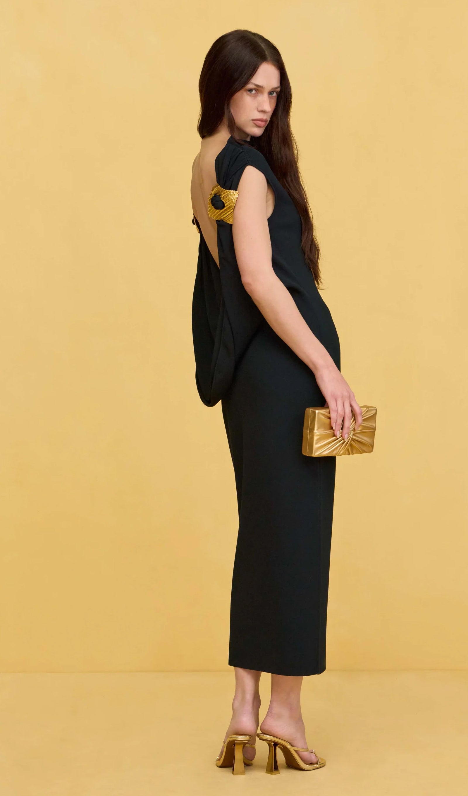 Knit Deep Cowl Back Midi Dress In Black