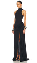 Solid Jersey Slit Maxi Dress In Black
