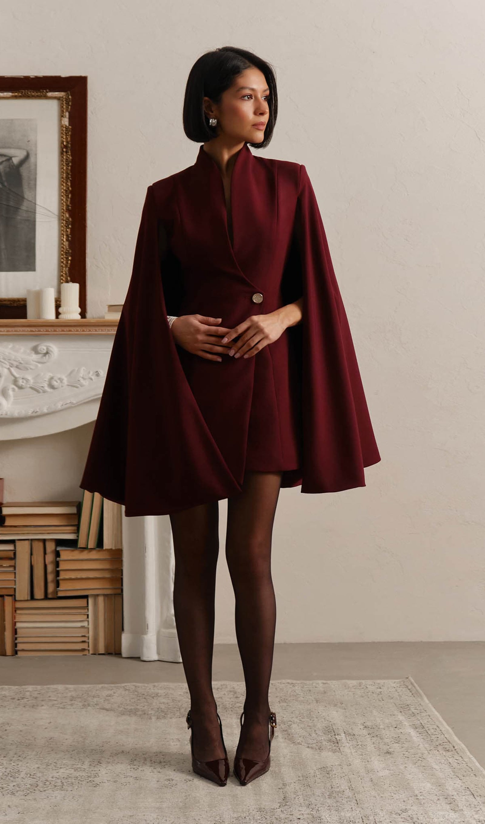 Mini Dress With Flared Sleeves In Claret
