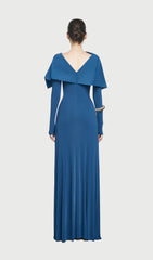 Asymmetrical Draped Shoulder Pleat Maxi Dress In Blue