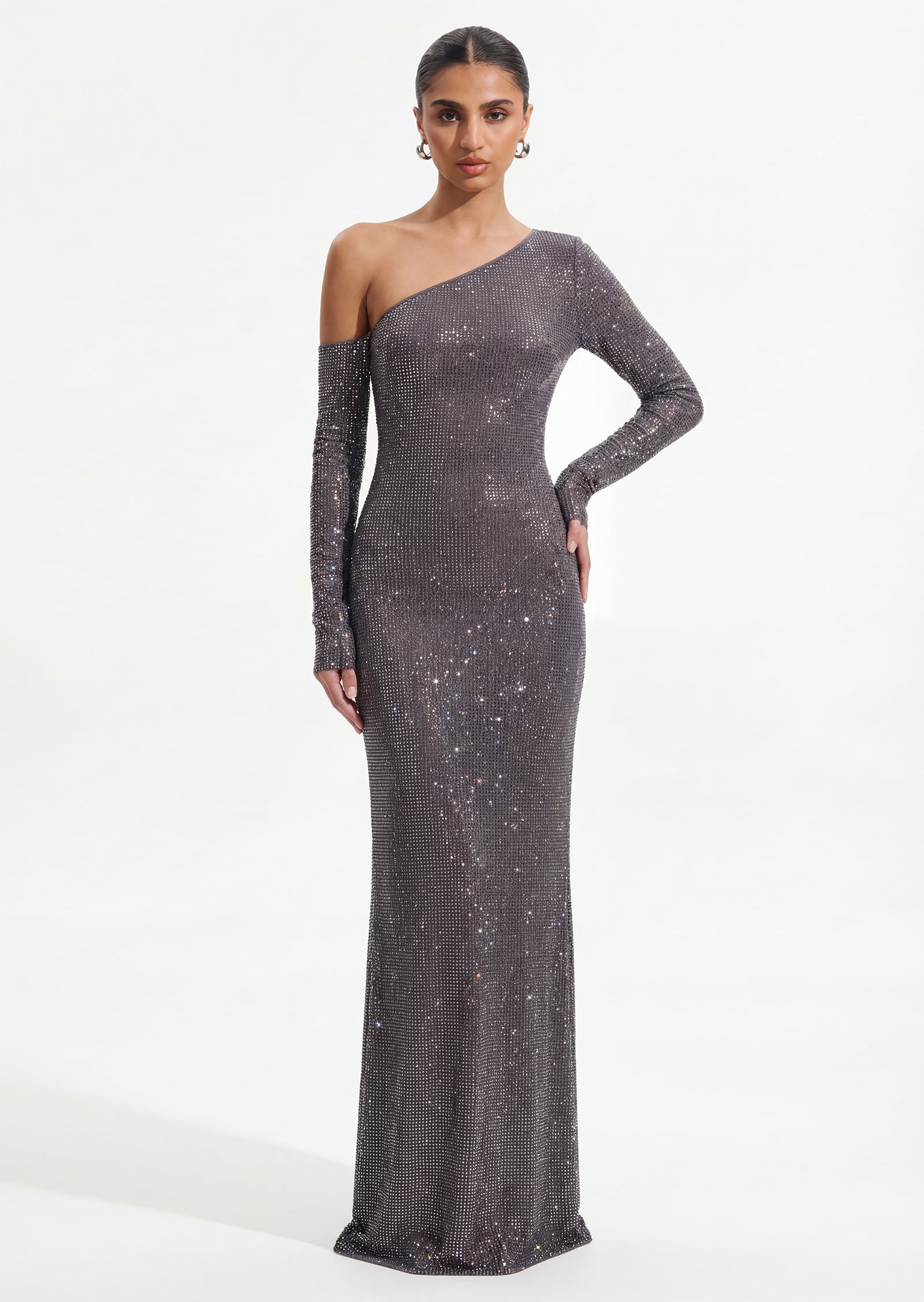 Diamante Long Sleeve Maxi Dress In Gunmetal