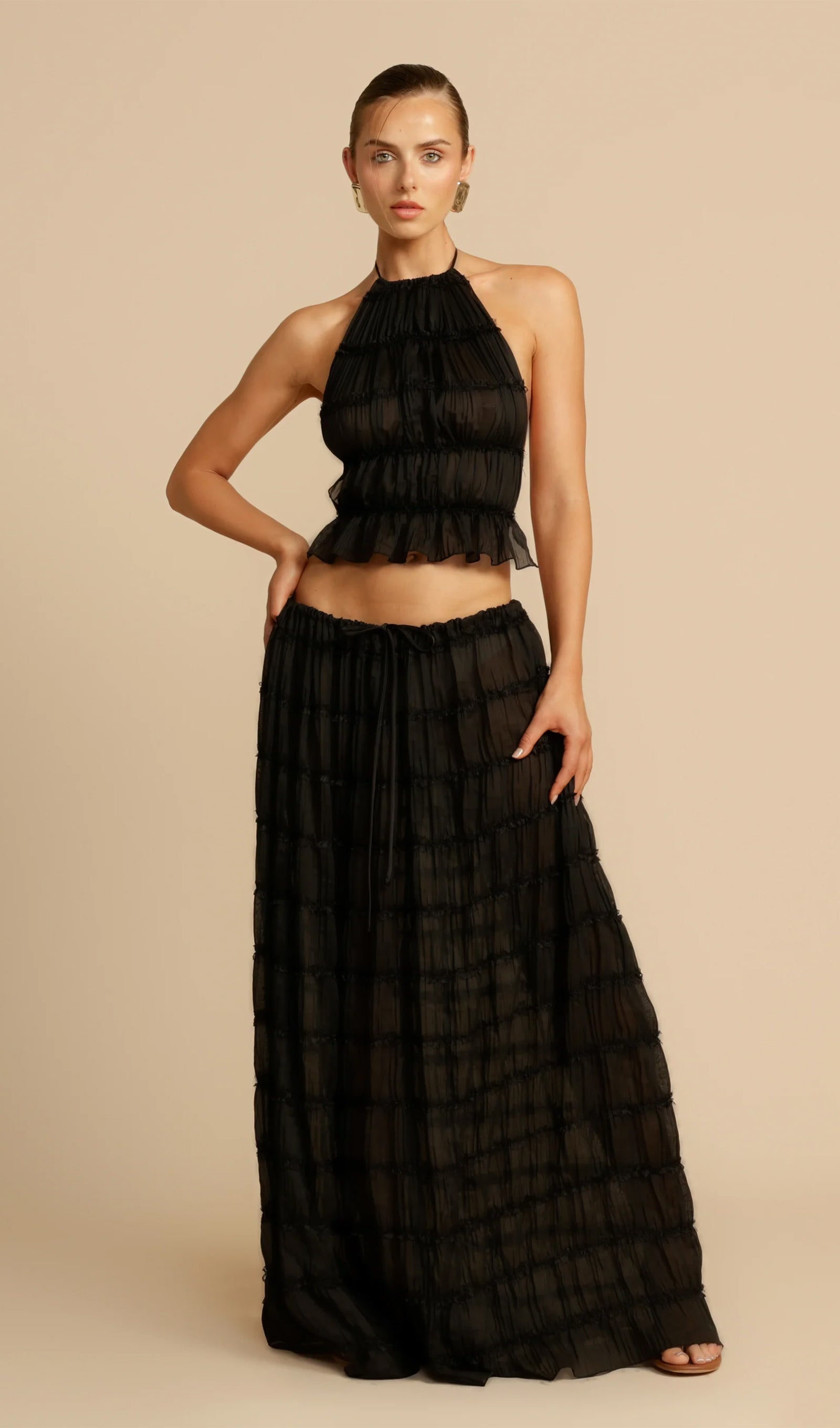 Halter Top & Ruched Detail Maxi Skirt Sets