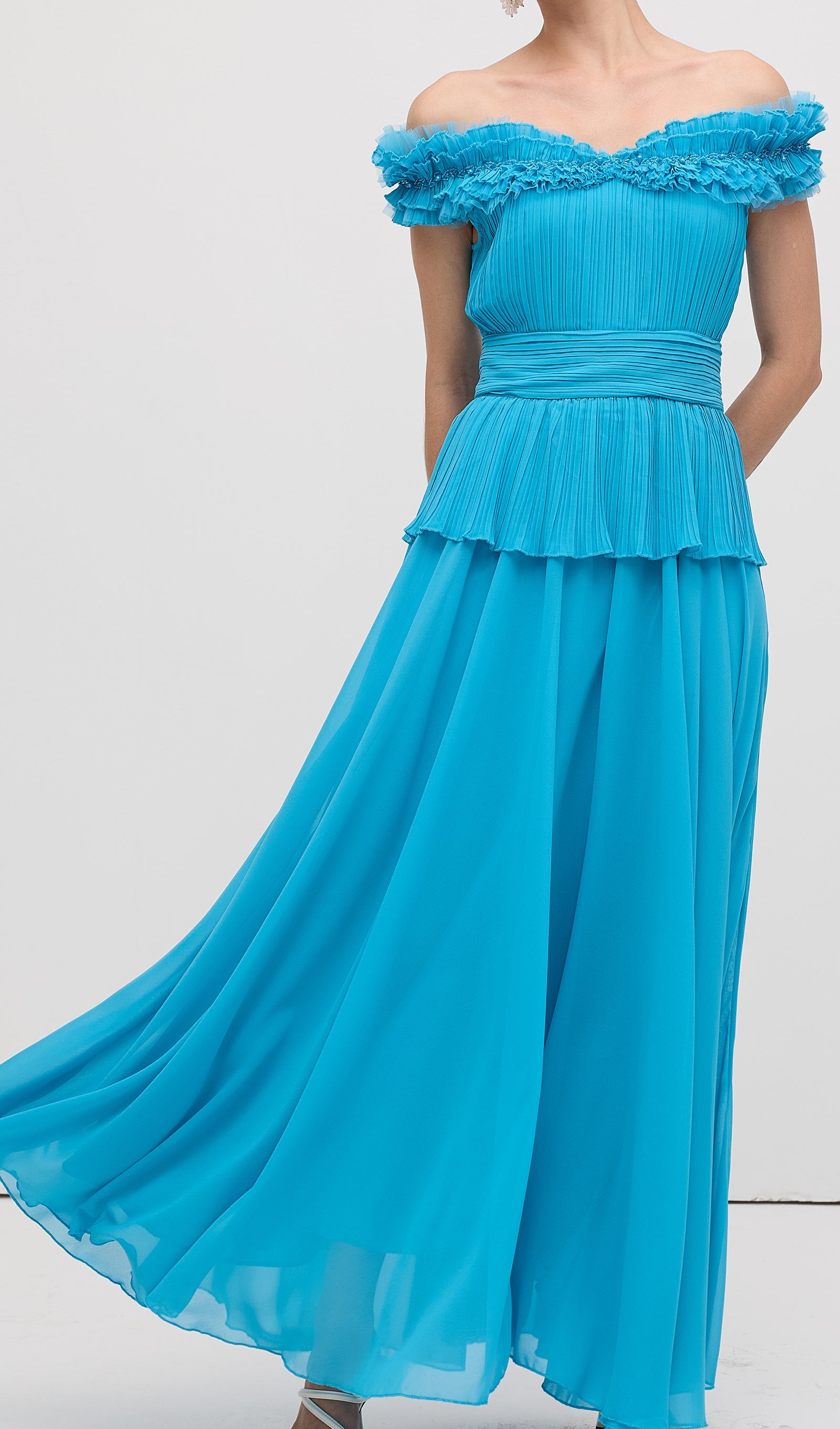 Solid Tiered Pleated Strapless Gown Maxi Dress
